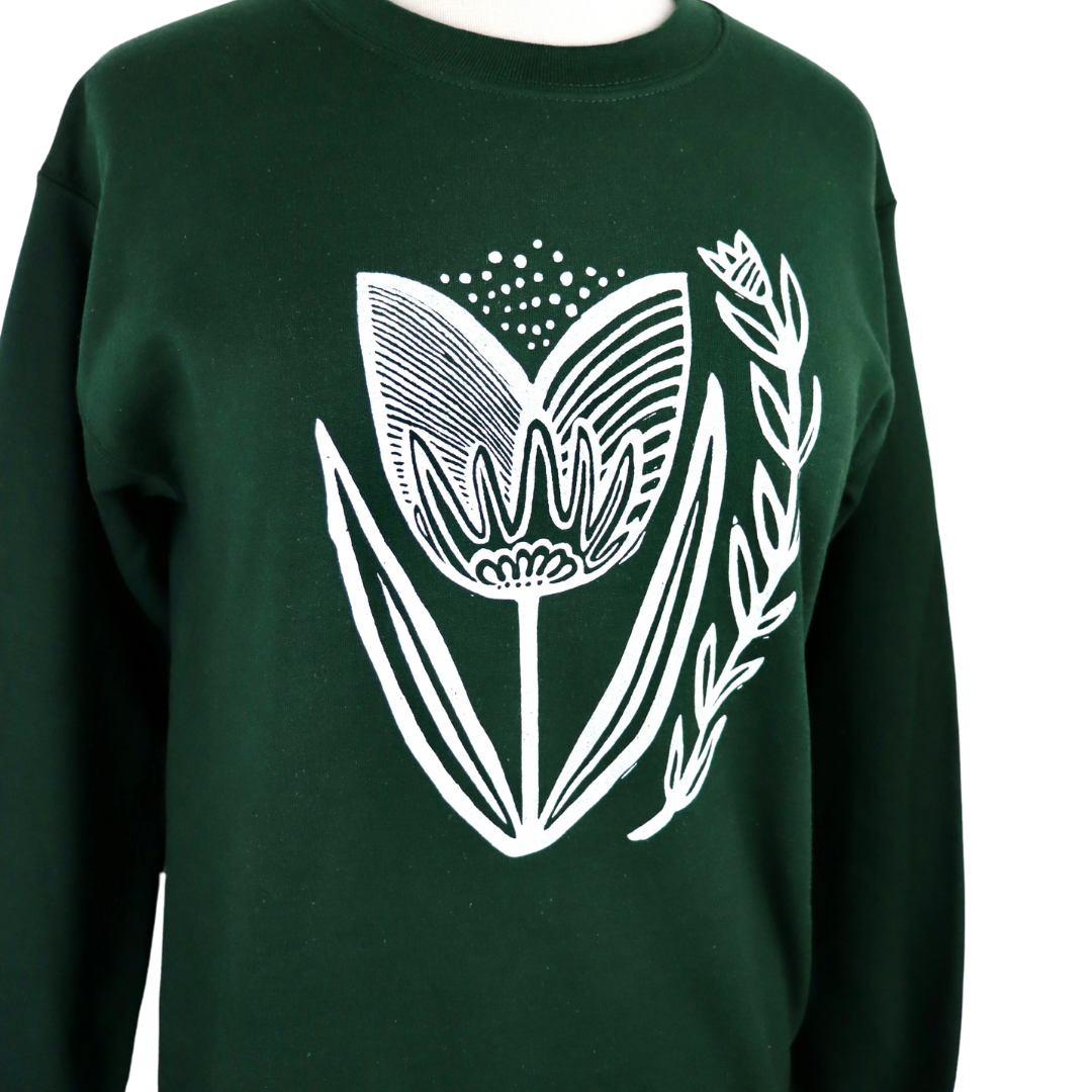 Folksy Tulip Unisex Crewneck in Forest Green
