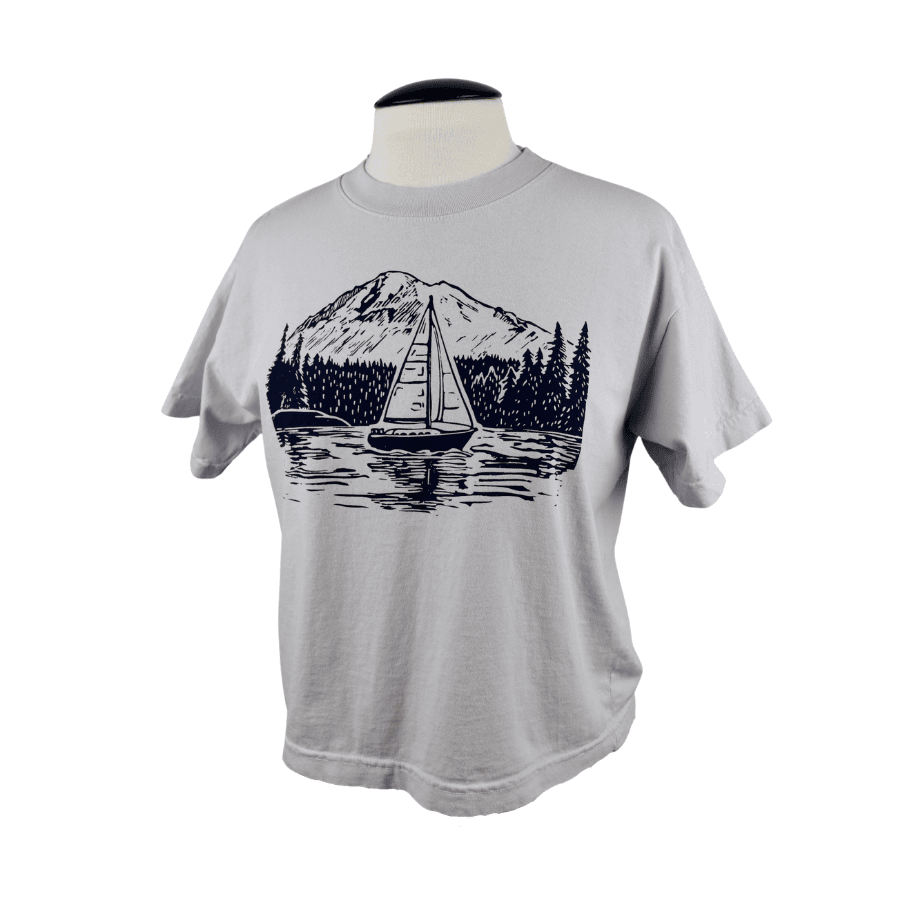 PNW Sailboat Garment Dye Feminine Cut Wide Tee in Light Grey