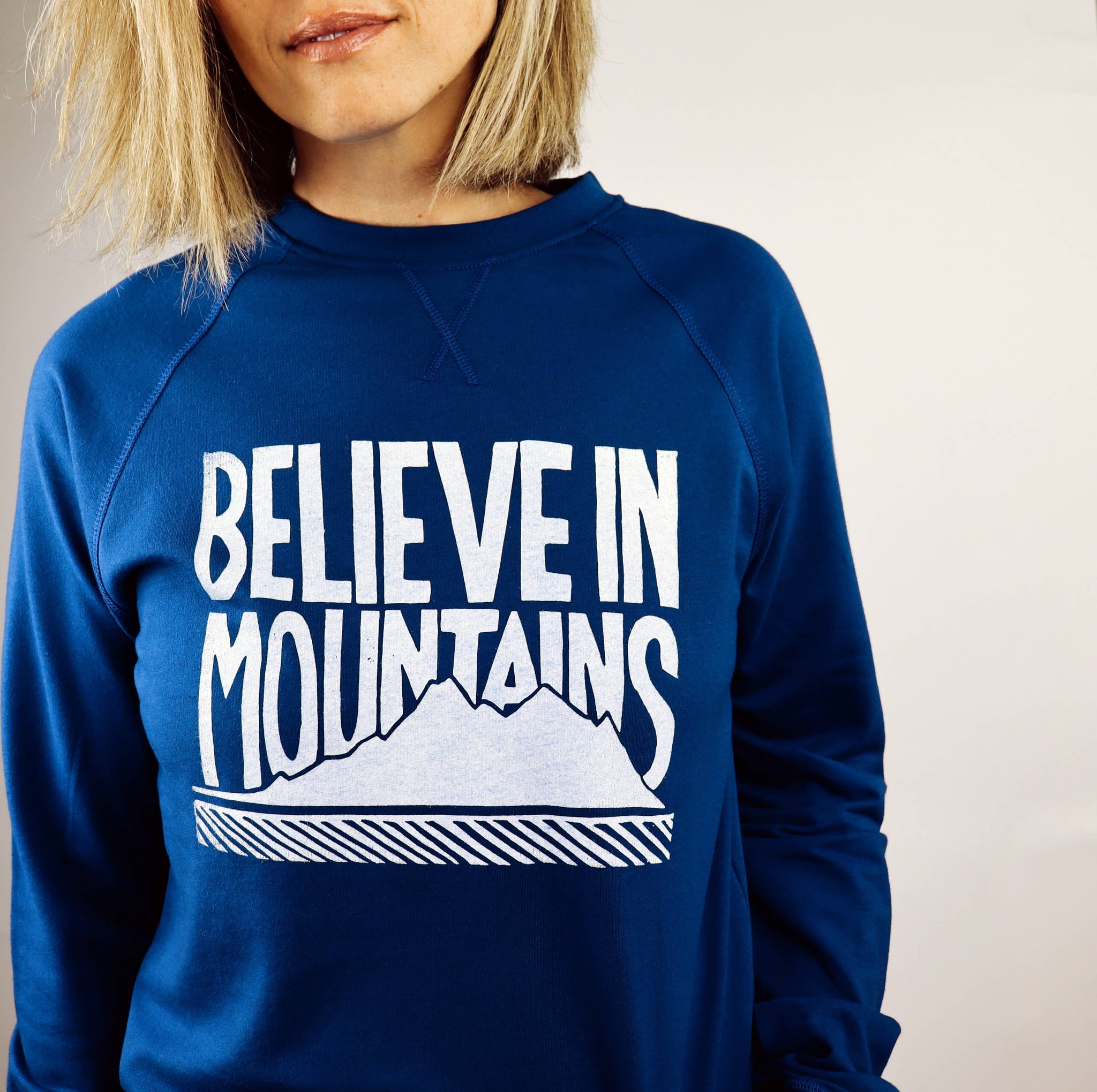 Believe in Mountains Unisex French Terry Crewneck in Cobalt