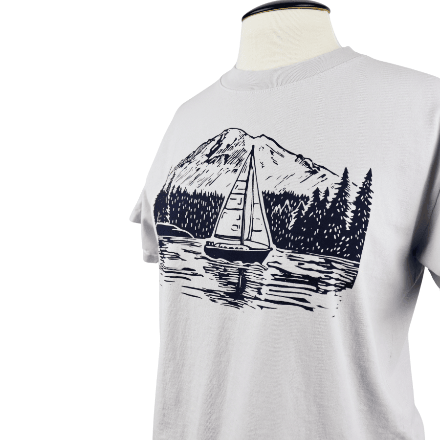 PNW Sailboat Garment Dye Feminine Cut Wide Tee in Light Grey