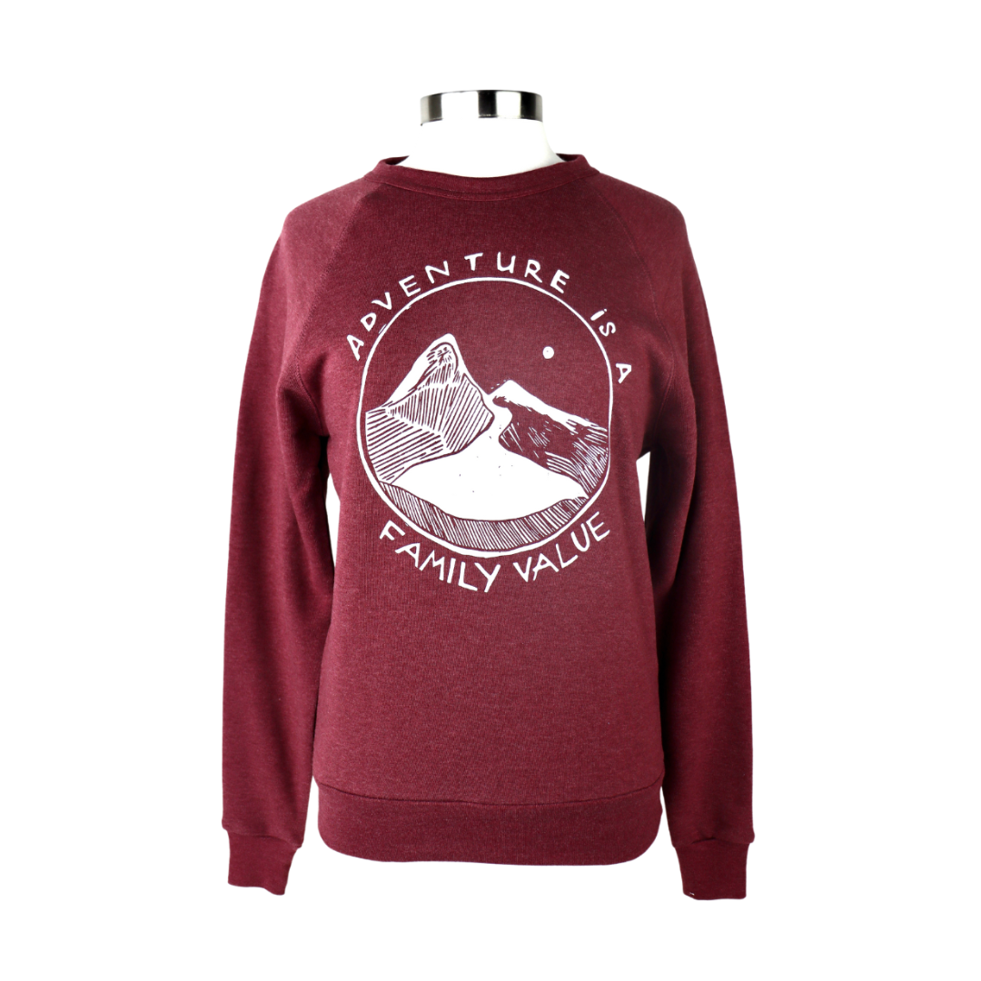 Adventure is a Family Value Unisex Eco Fleece Crewneck Sweatshirt in Heather Burgundy
