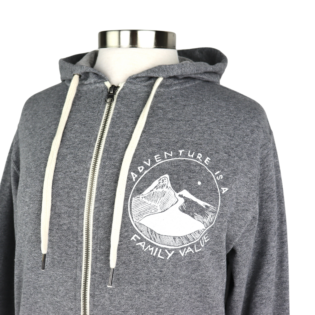 Adventure is a Family Value Unisex Terry Zip Hoodie in Heathered Grey