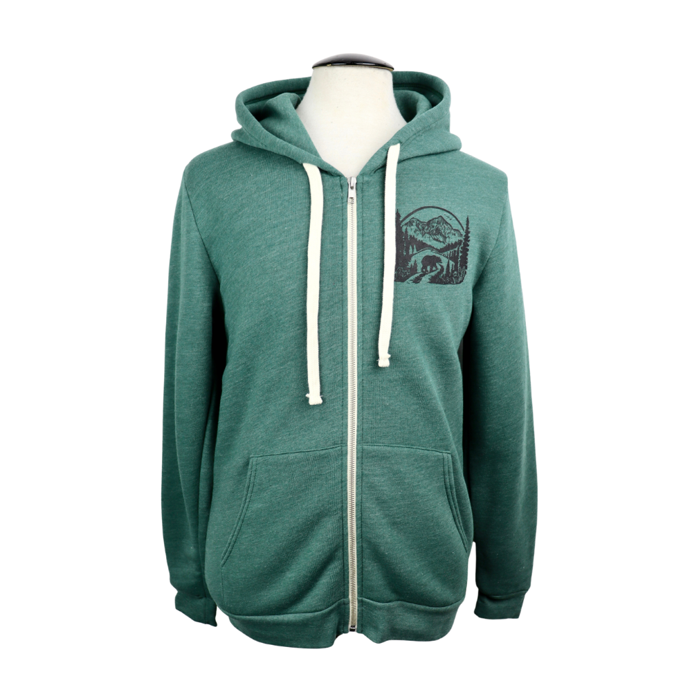 Wilderness Bear Unisex Triblend Zip Hoodie in Heathered Alpine Green