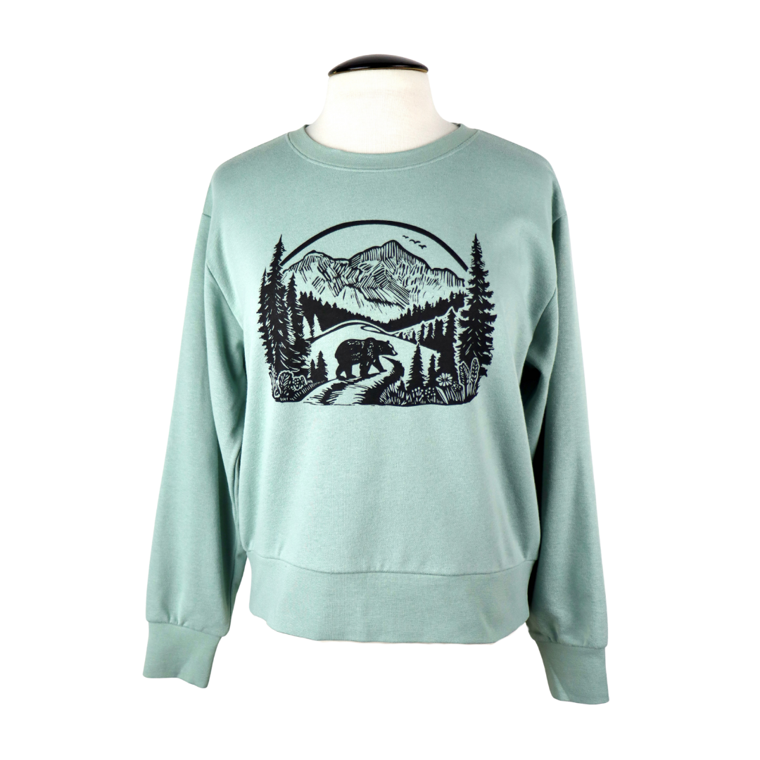 Wilderness Bear Feminine Fit French Terry Crewneck Sweatshirt in Stonewash Green
