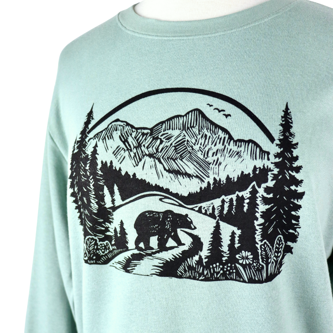 Wilderness Bear Feminine Fit French Terry Crewneck Sweatshirt in Stonewash Green