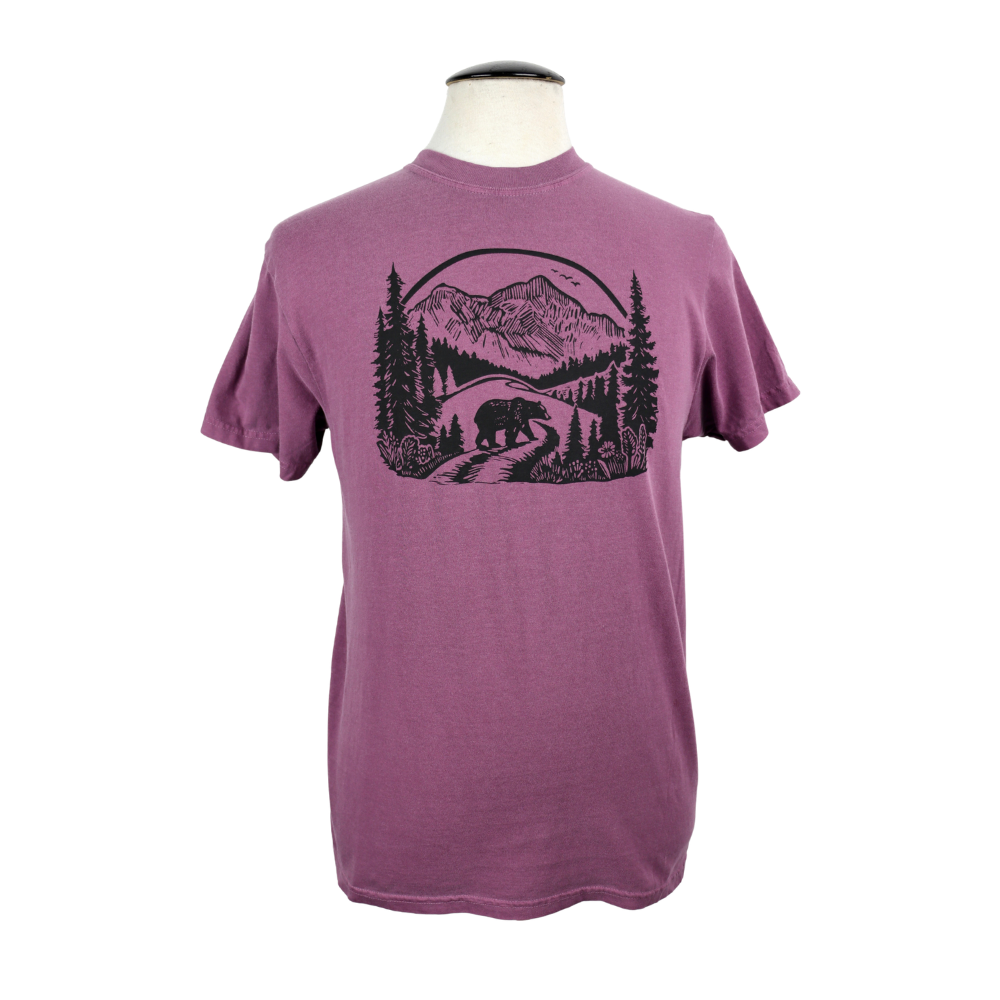 Wilderness Bear Unisex Cotton Tee in Washed Berry