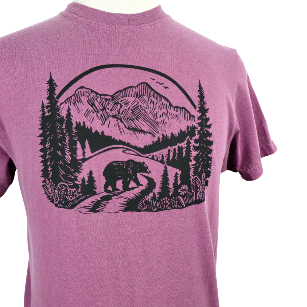 Wilderness Bear Unisex Cotton Tee in Washed Berry