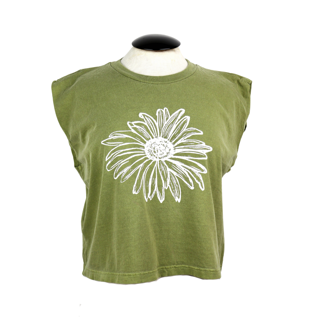 Daisy Feminine Fit Cropped Muscle Tank in Washed Olive