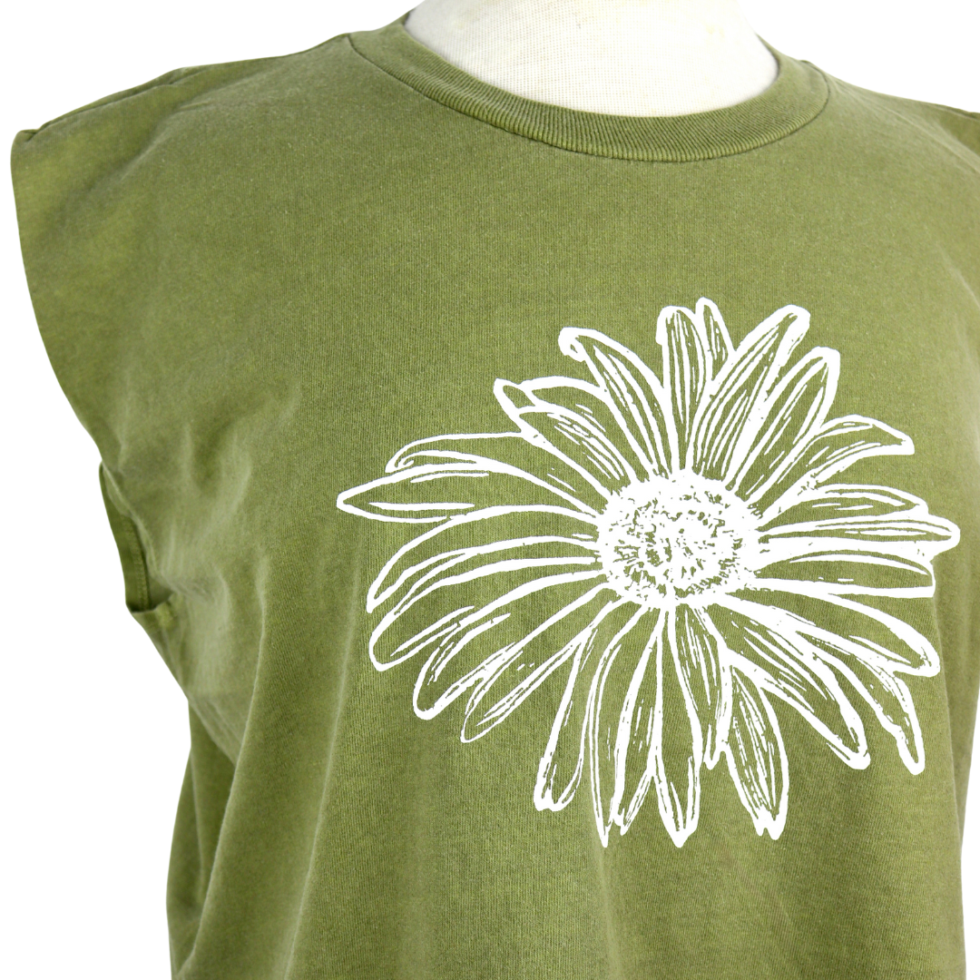 Daisy Feminine Fit Cropped Muscle Tank in Washed Olive