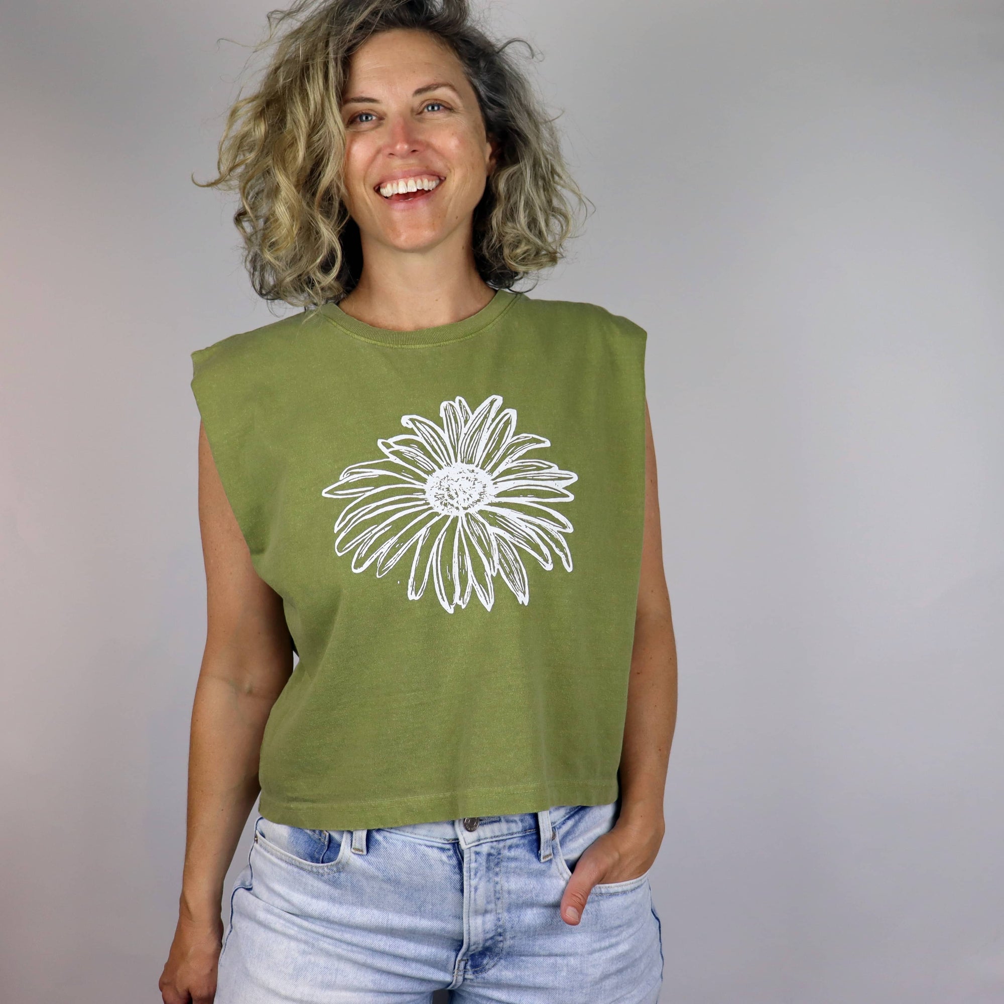 Daisy Feminine Fit Cropped Muscle Tank in Washed Olive