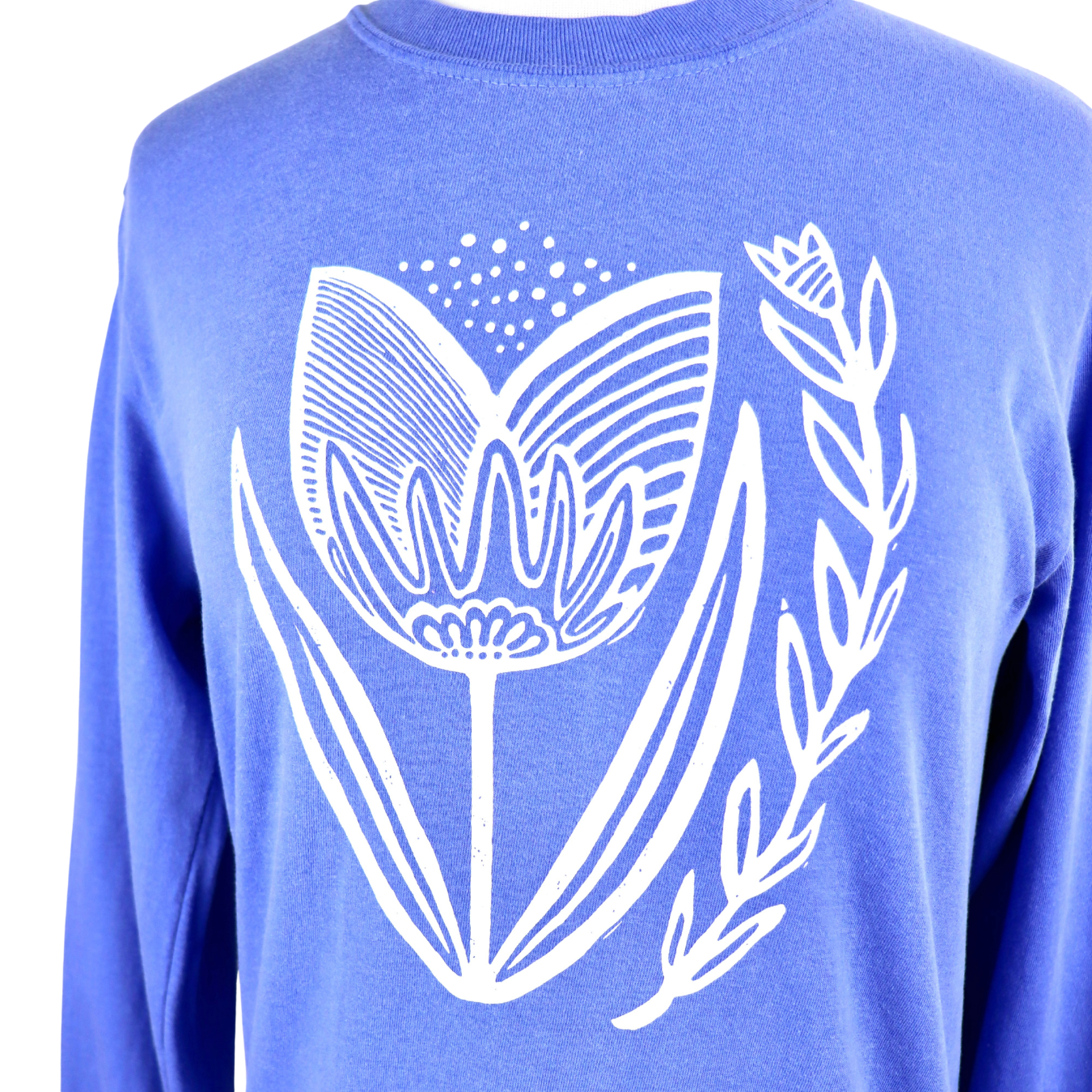 Folksy Tulip Unisex Long Sleeve Tee in Washed Denim Blue