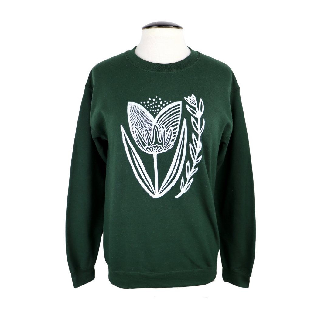 Folksy Tulip Unisex Crewneck in Forest Green