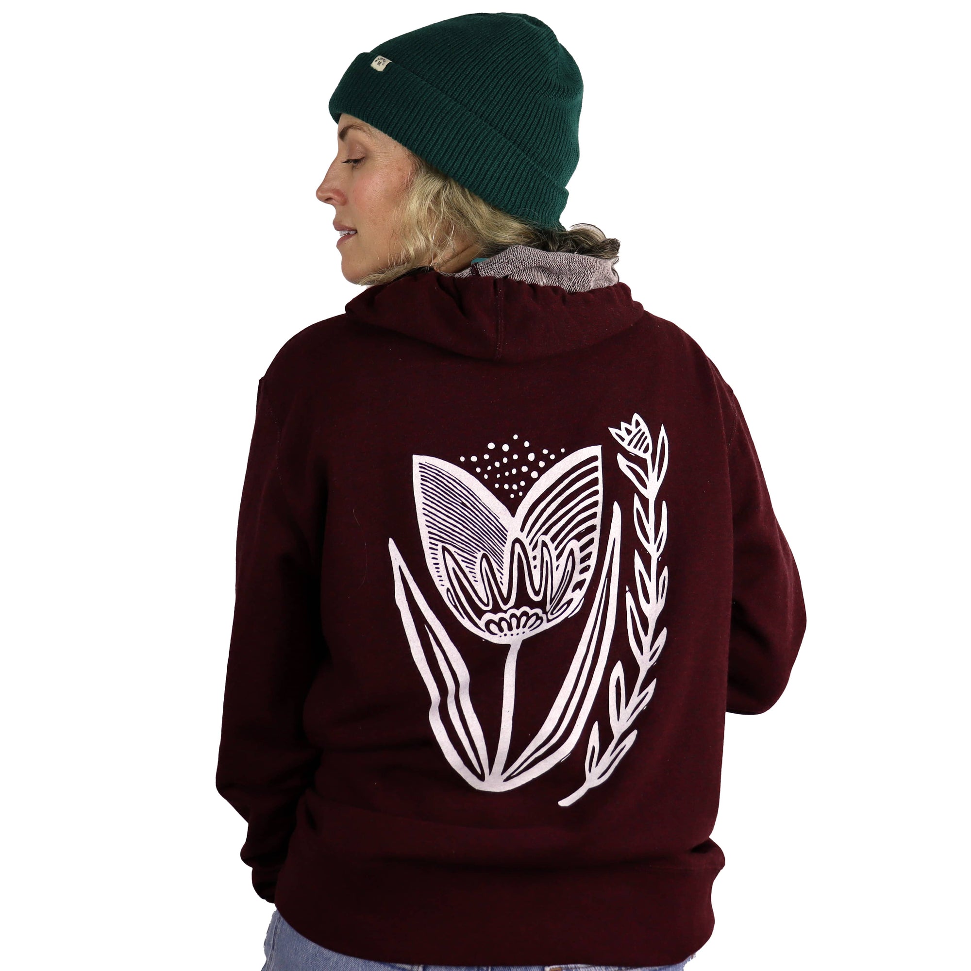 Folksy Tulip Unisex Terry Zip Hoodie in Heathered Burgundy