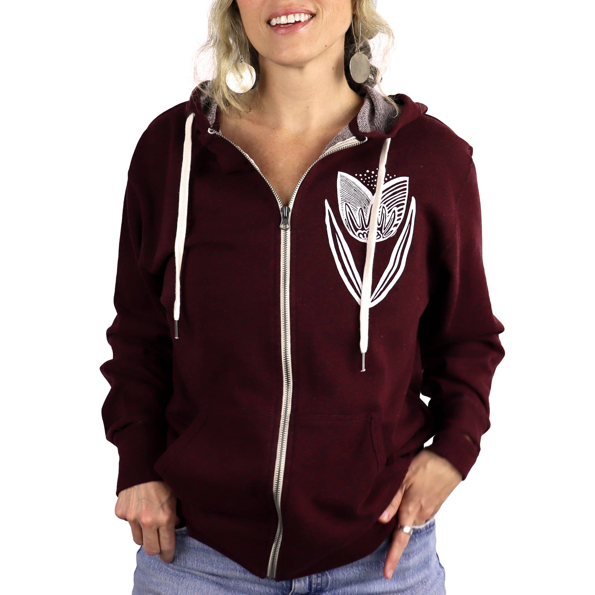 Folksy Tulip Unisex Terry Zip Hoodie in Heathered Burgundy