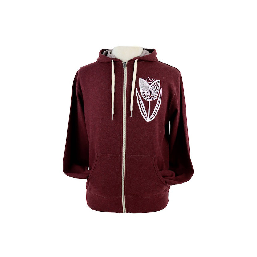 Folksy Tulip Unisex Terry Zip Hoodie in Heathered Burgundy