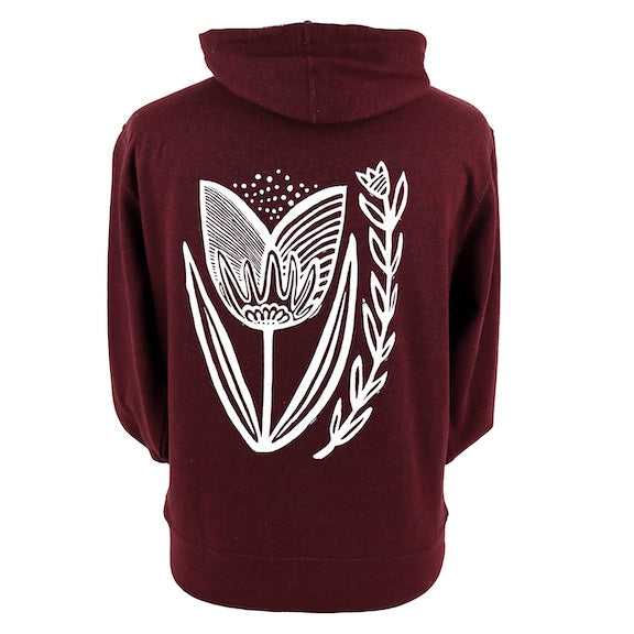 Folksy Tulip Unisex Terry Zip Hoodie in Heathered Burgundy