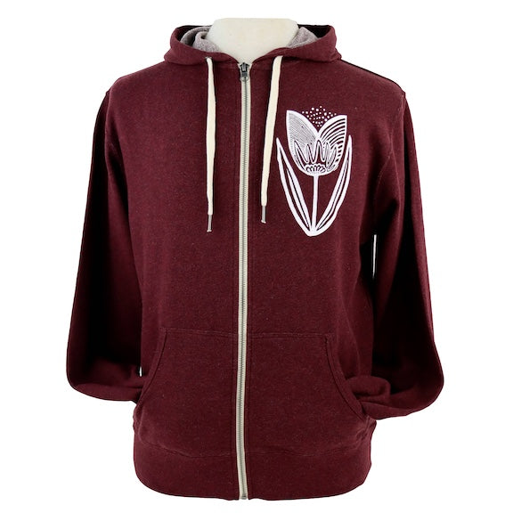 Folksy Tulip Unisex Terry Zip Hoodie in Heathered Burgundy