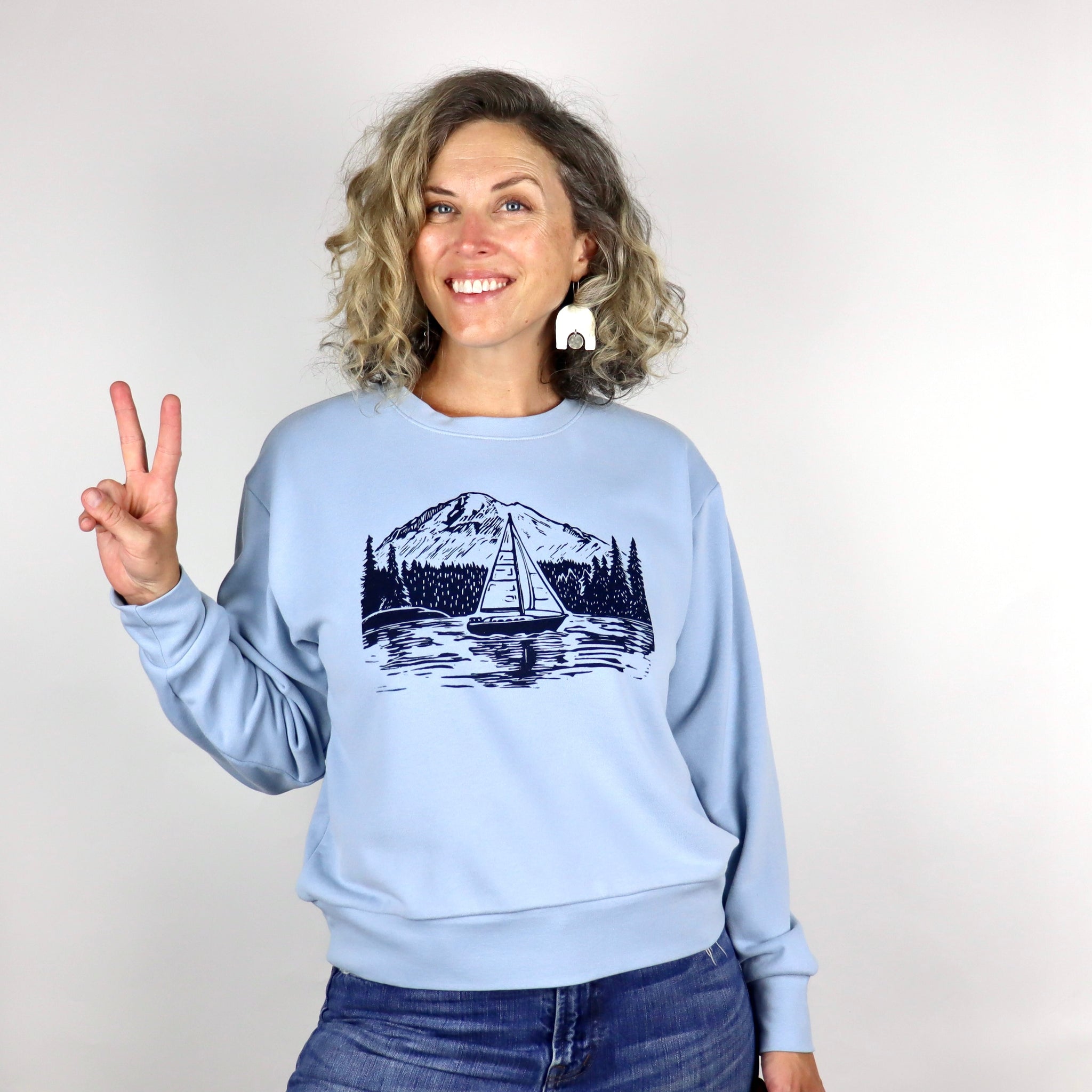 PNW Sailboat Feminine Fit French Terry Crewneck Sweatshirt in Stonewash Blue