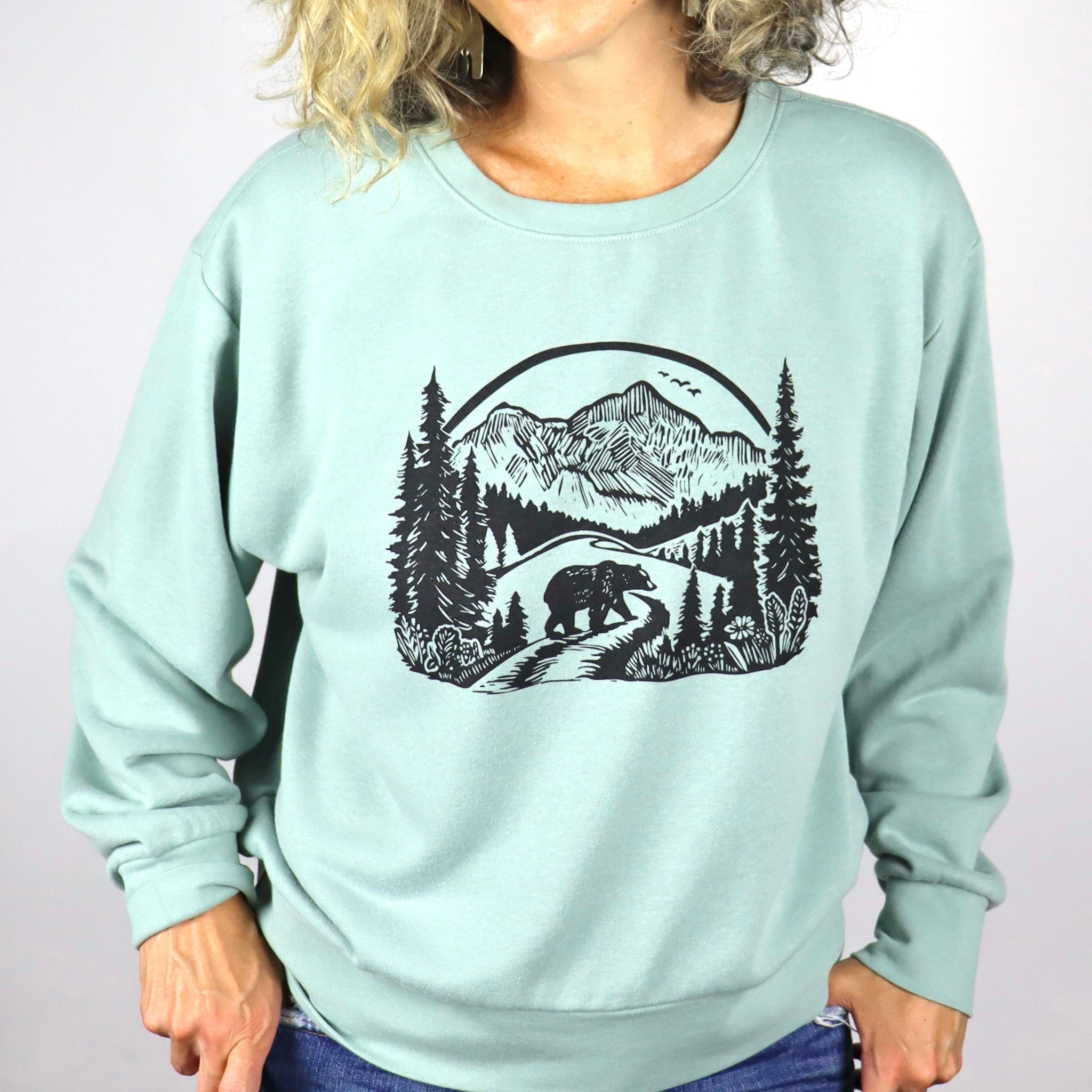 Wilderness Bear Feminine Fit French Terry Crewneck Sweatshirt in Stonewash Green