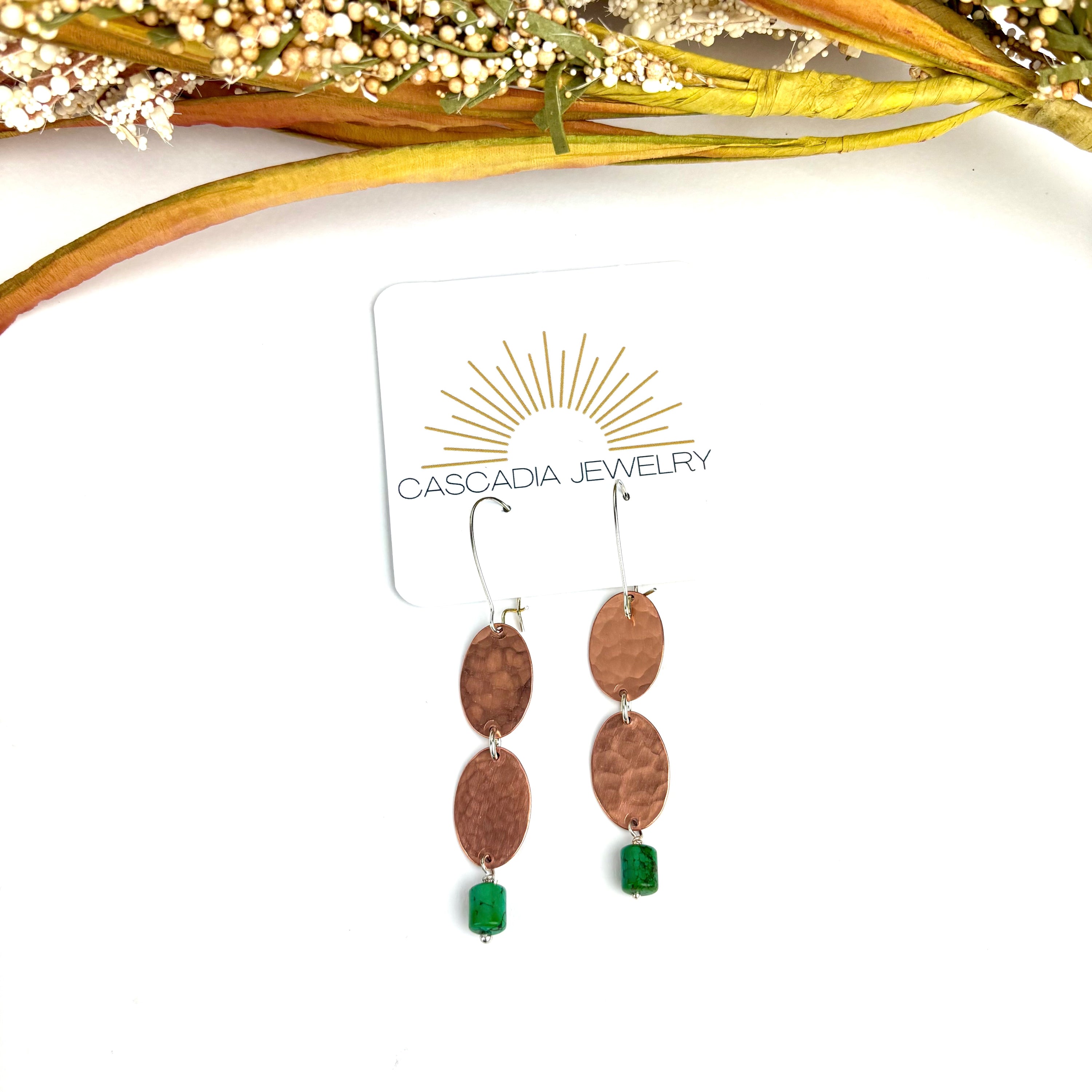 Geometric Shape + Stone Hammered Metal Earrings