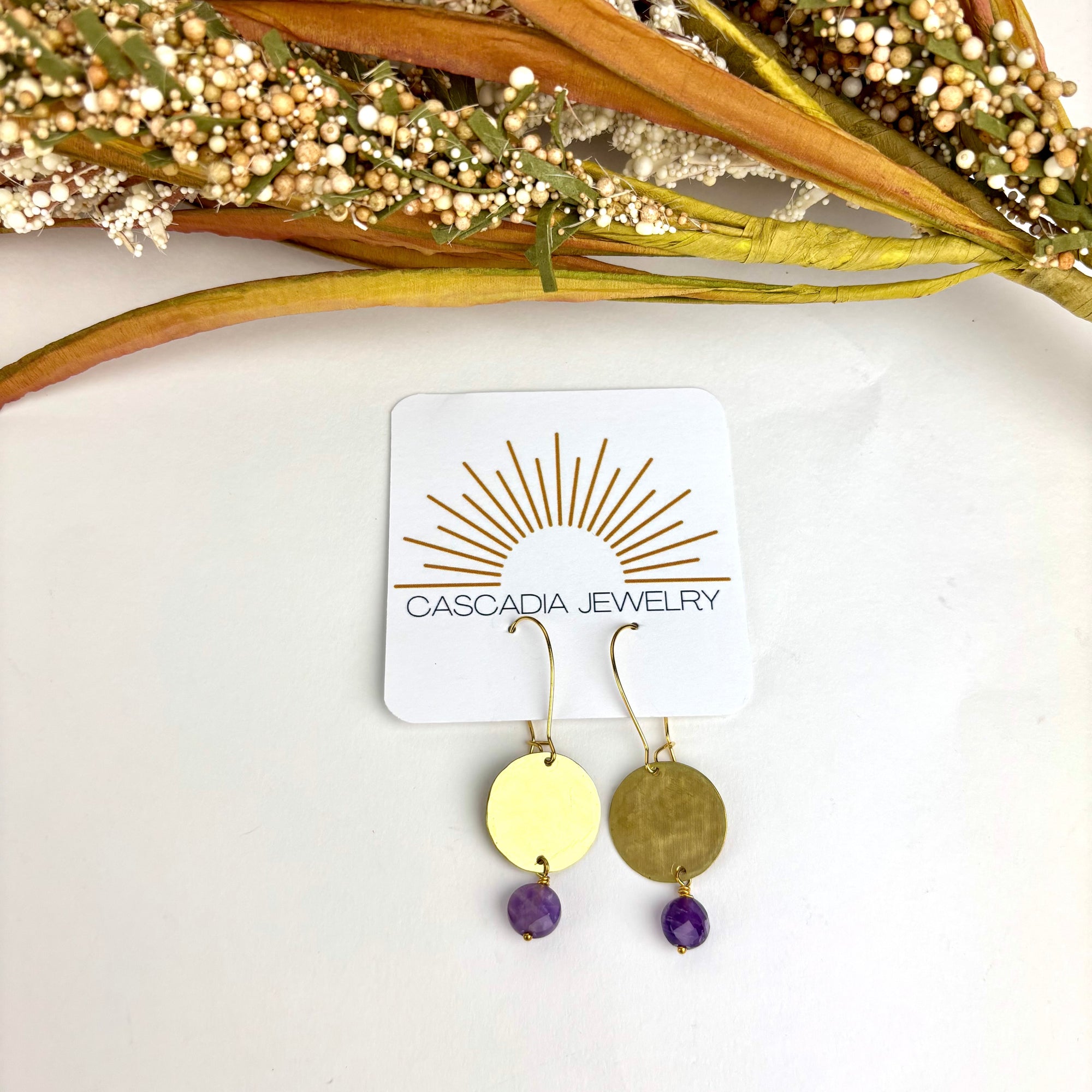 Geometric Shape + Stone Hammered Metal Earrings