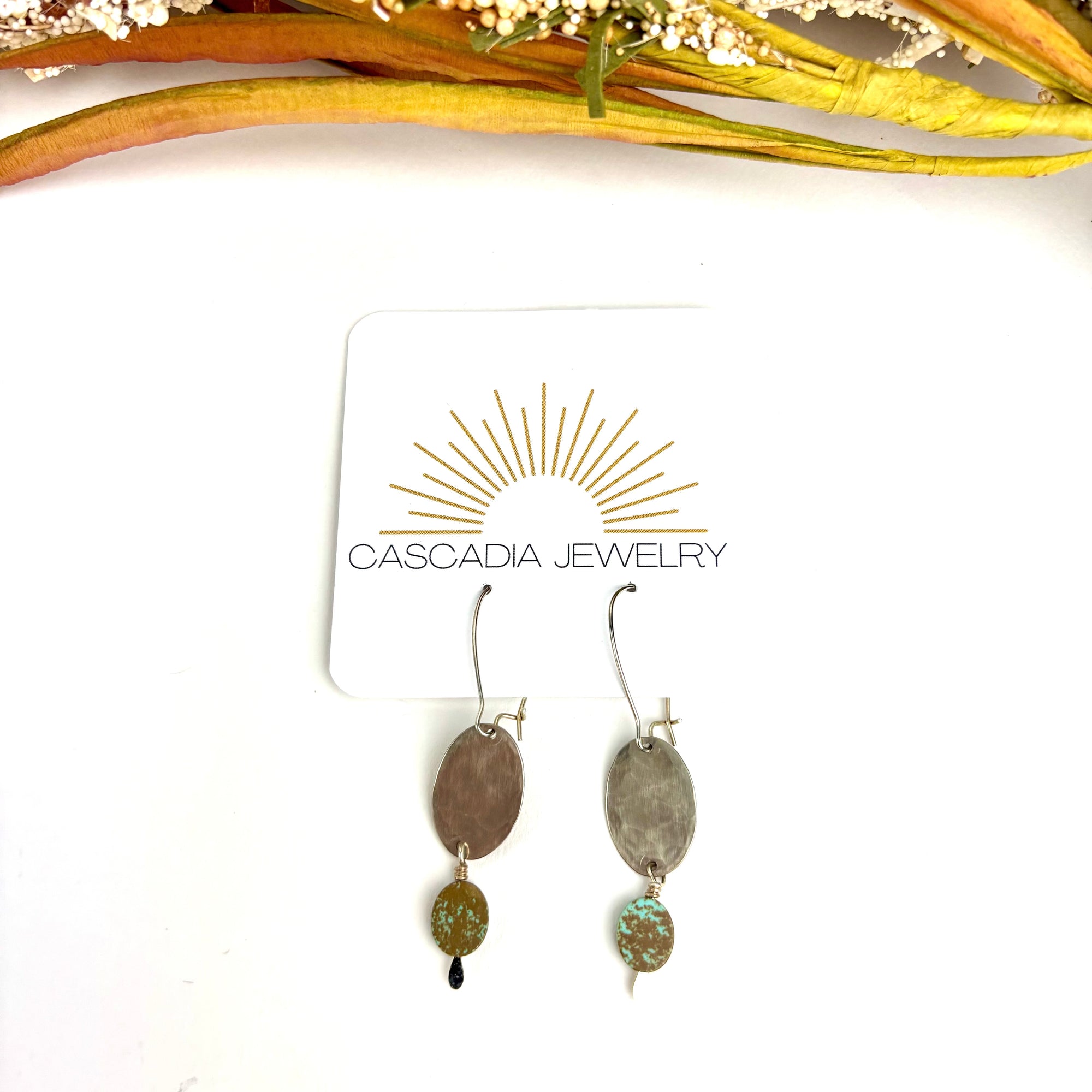 Geometric Shape + Stone Hammered Metal Earrings