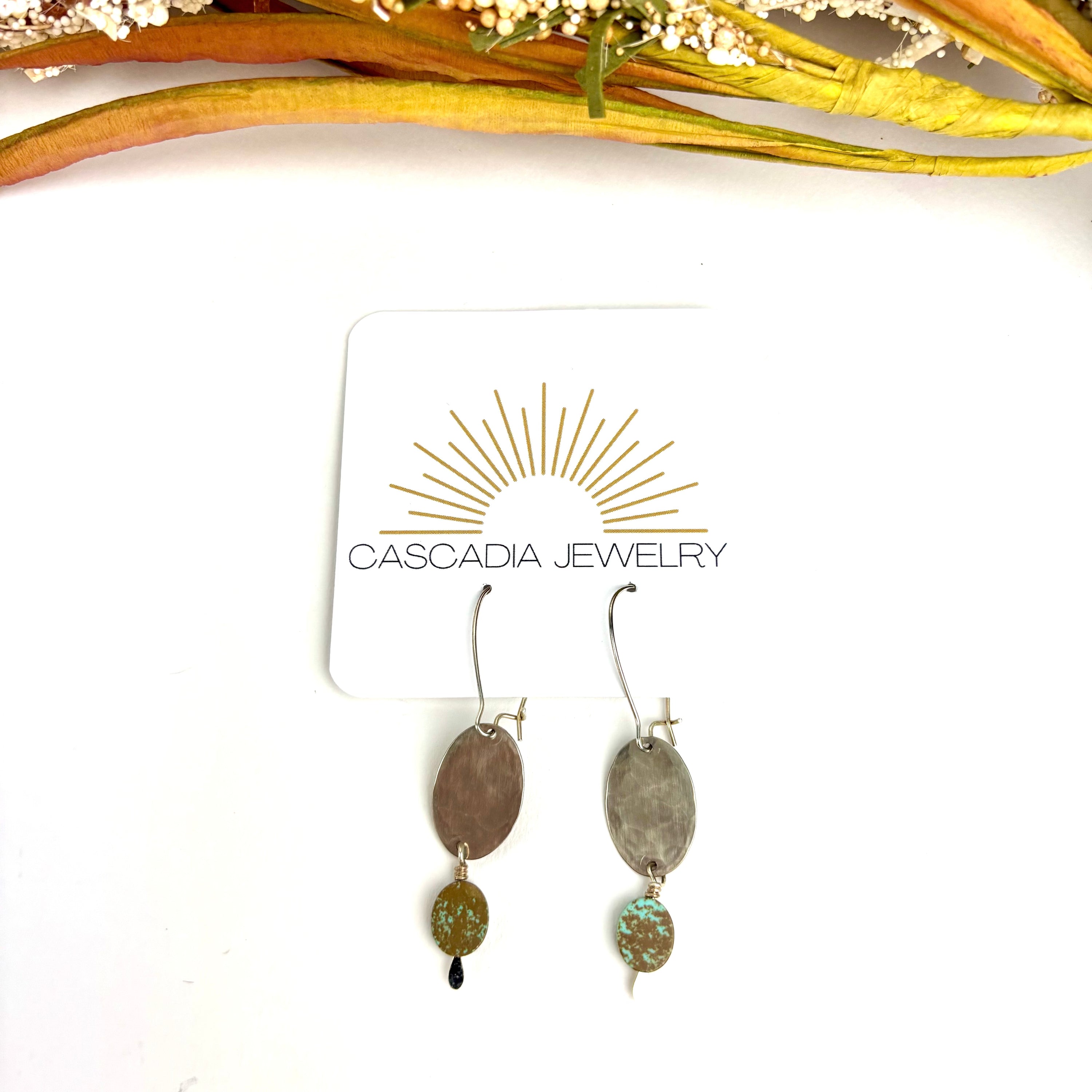 Geometric Shape + Stone Hammered Metal Earrings