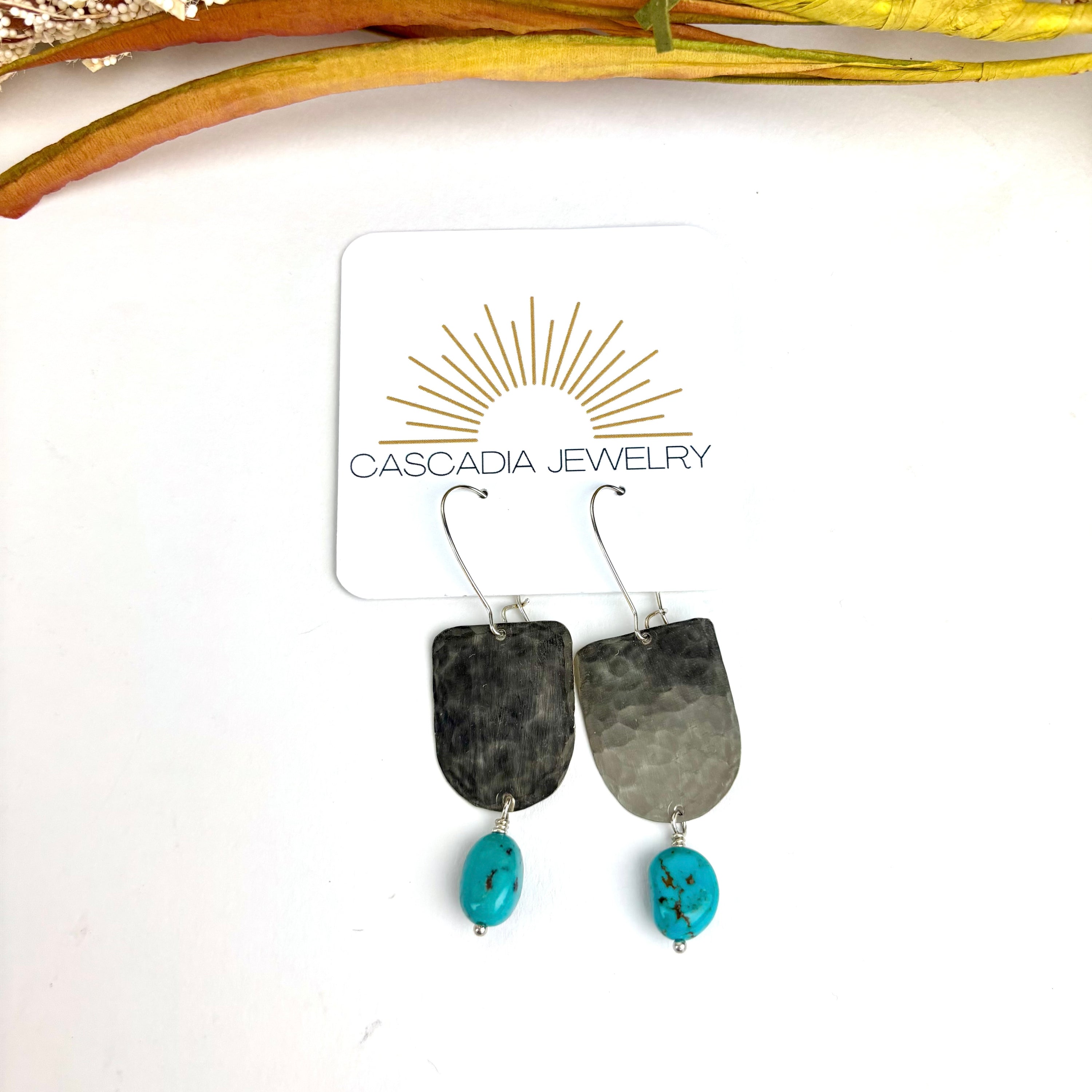 Geometric Shape + Stone Hammered Metal Earrings