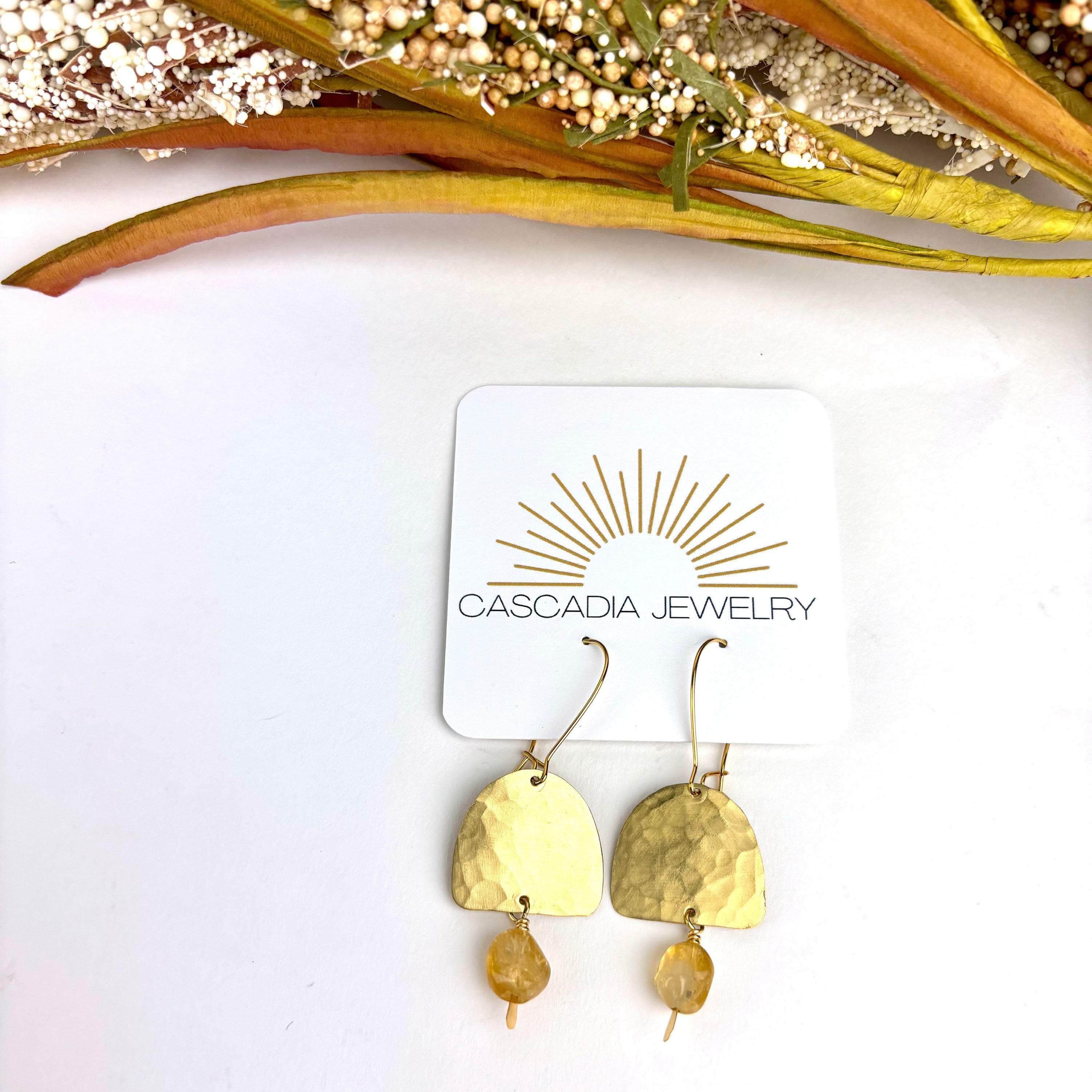 Geometric Shape + Stone Hammered Metal Earrings