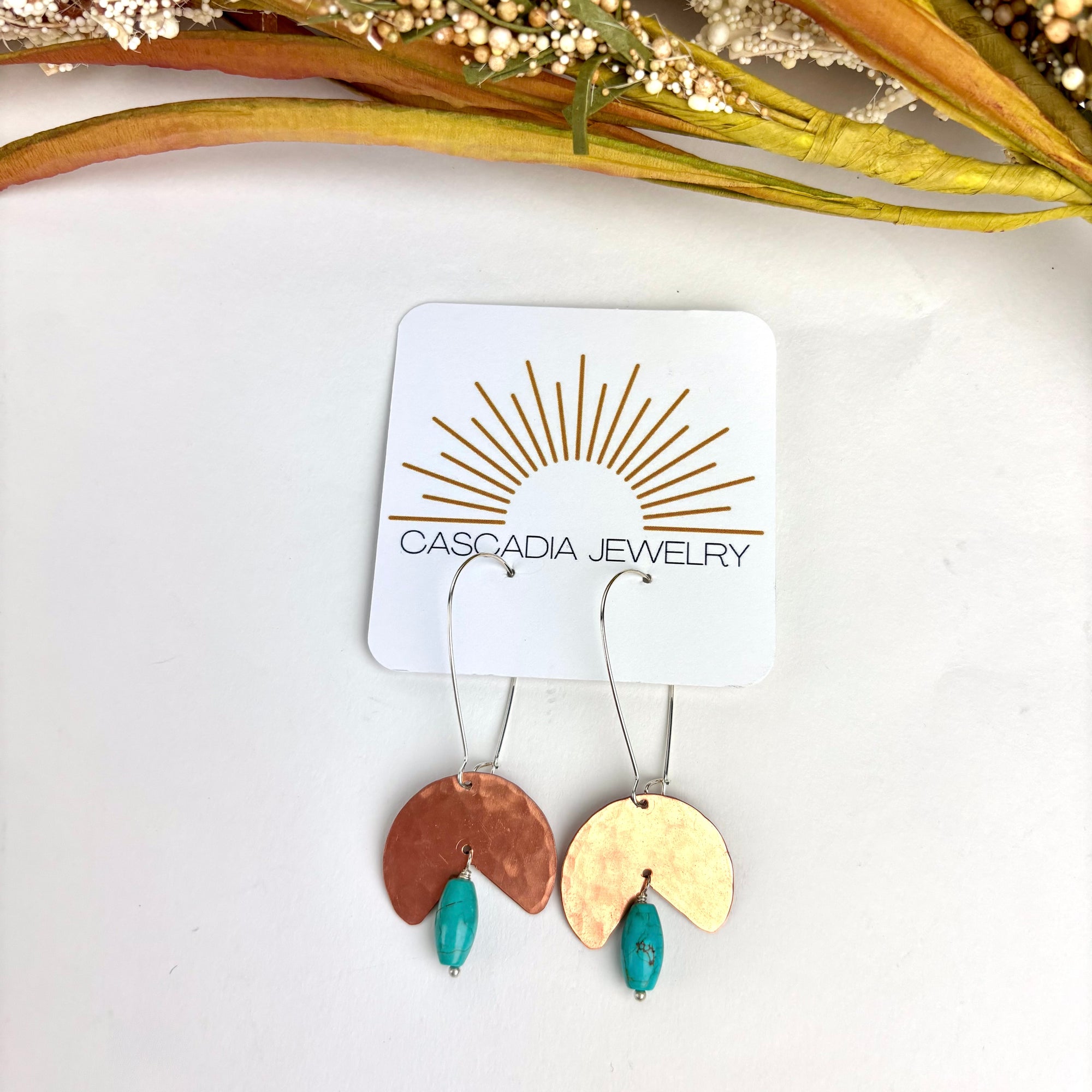 Geometric Shape + Stone Hammered Metal Earrings