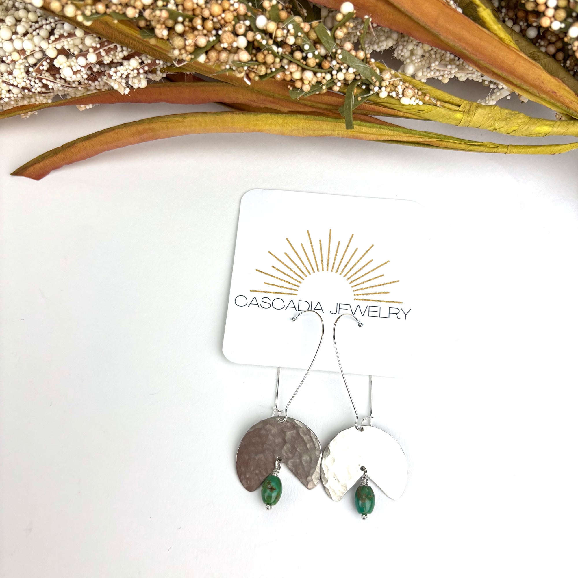 Geometric Shape + Stone Hammered Metal Earrings