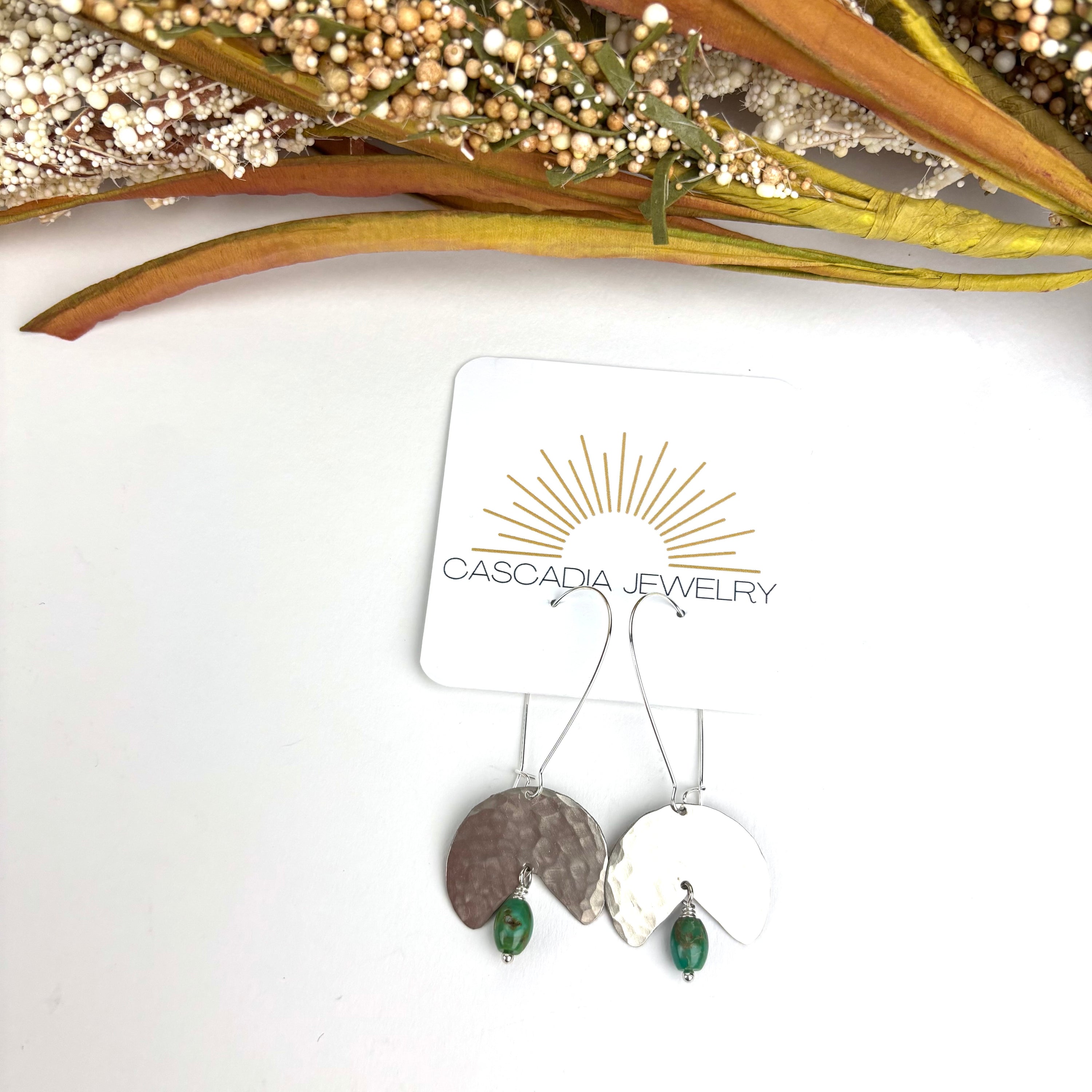 Geometric Shape + Stone Hammered Metal Earrings