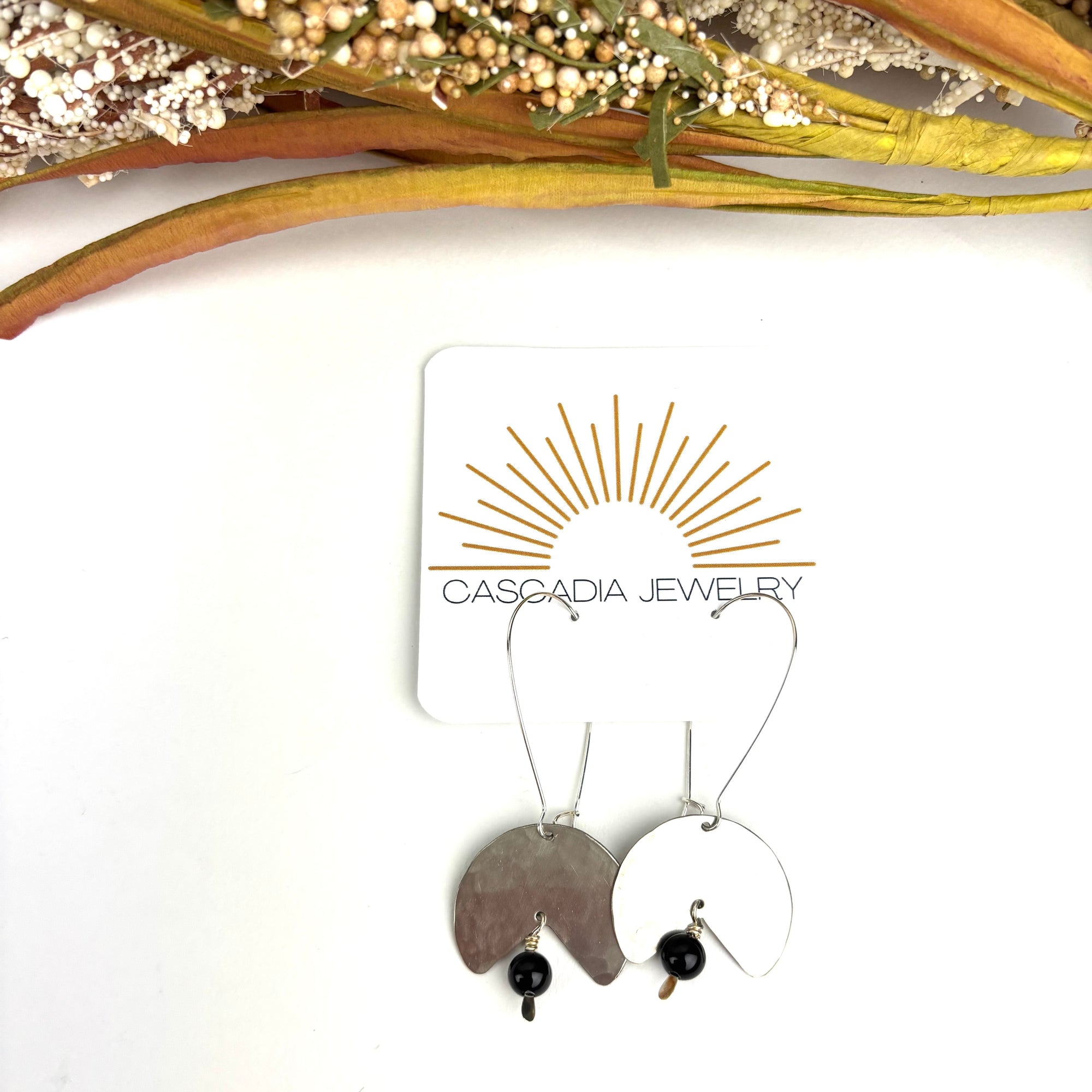 Geometric Shape + Stone Hammered Metal Earrings