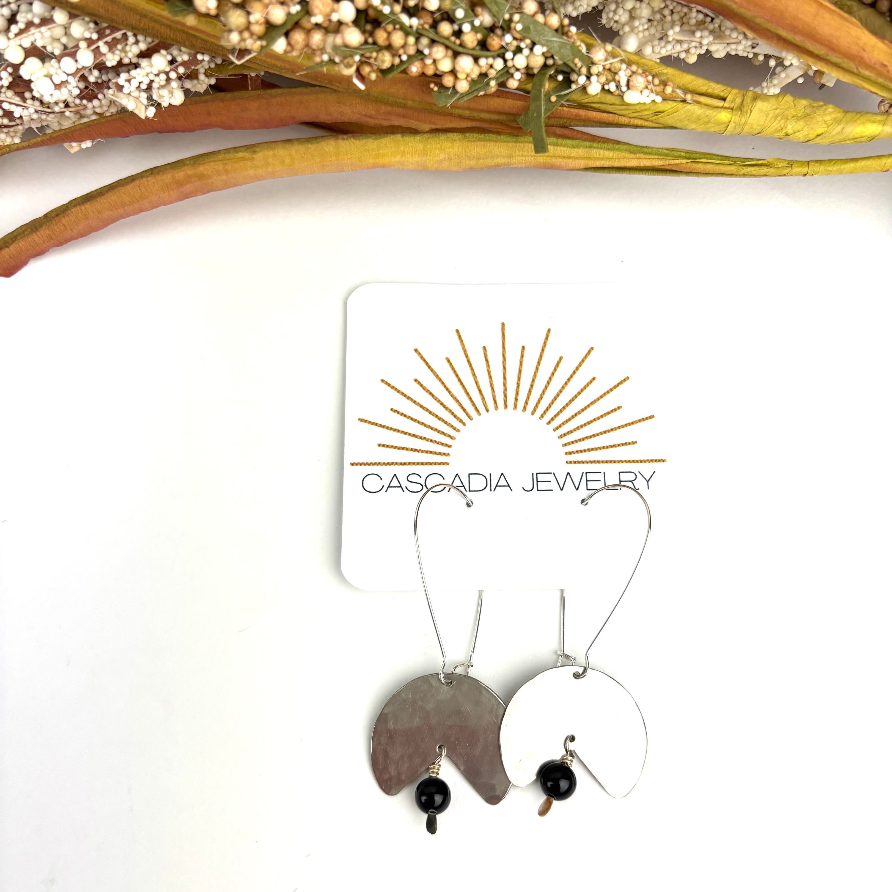 Geometric Shape + Stone Hammered Metal Earrings