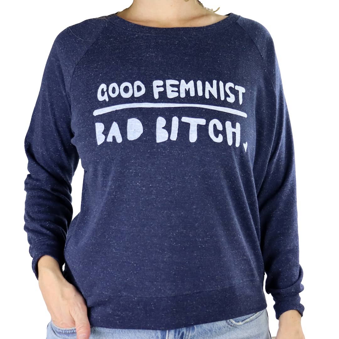 Good Feminist Bad B*tch Feminine Fit Lightweight Raglan Pullover in Heather Navy