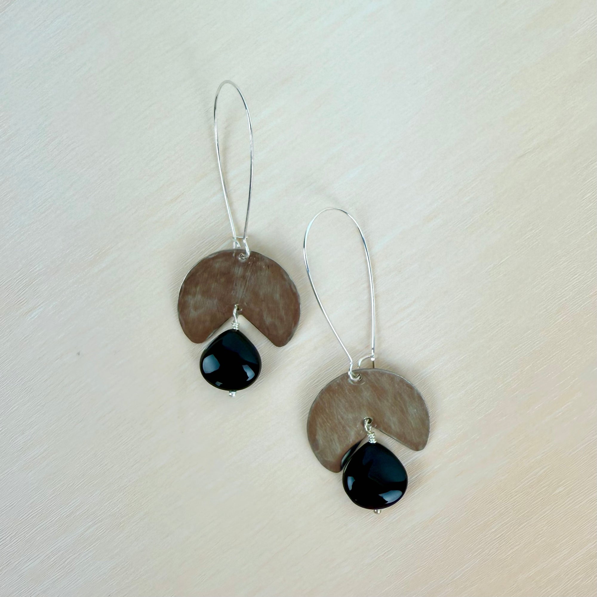 Geometric Shape + Stone Hammered Metal Earrings