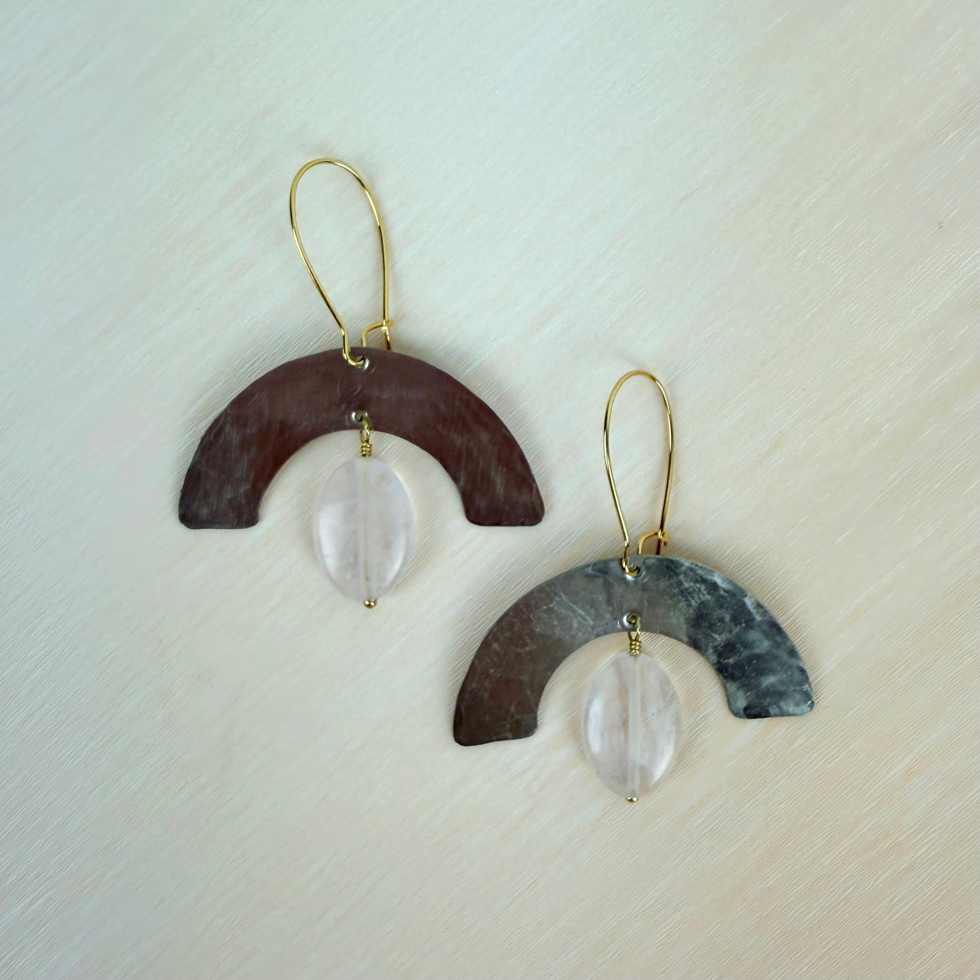 Geometric Shape + Stone Hammered Metal Earrings