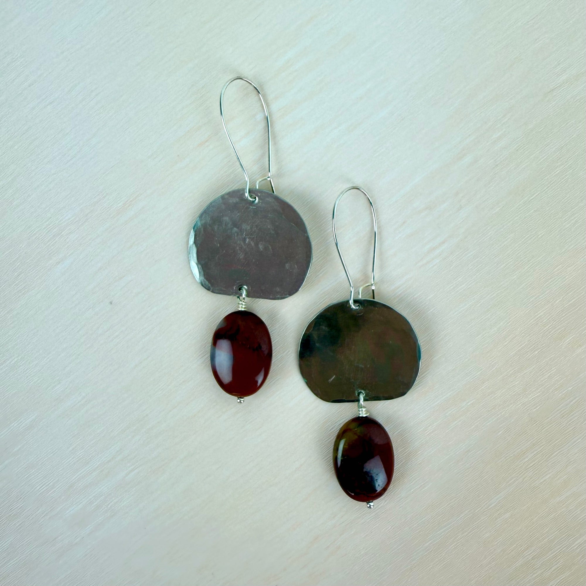 Geometric Shape + Stone Hammered Metal Earrings