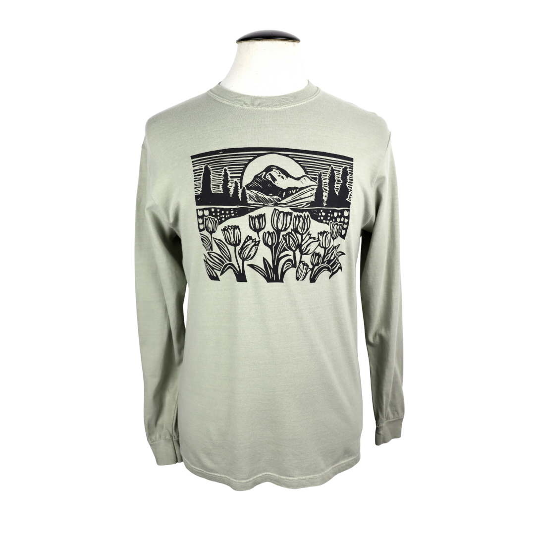 Mountain View Unisex Long Sleeve Tee in Washed Sandstone