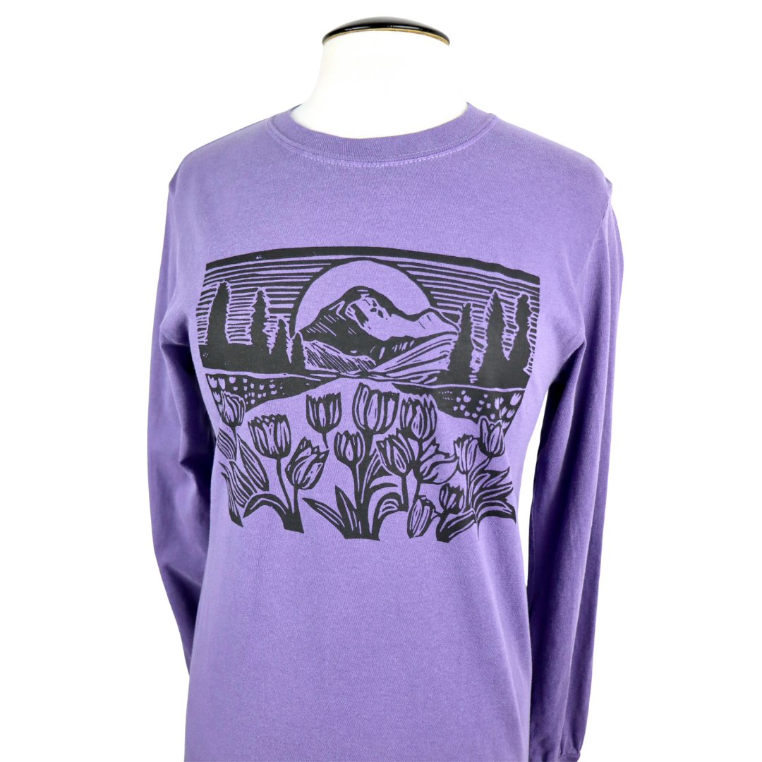 Mountain View Unisex Long Sleeve Tee in Washed Grape Purple