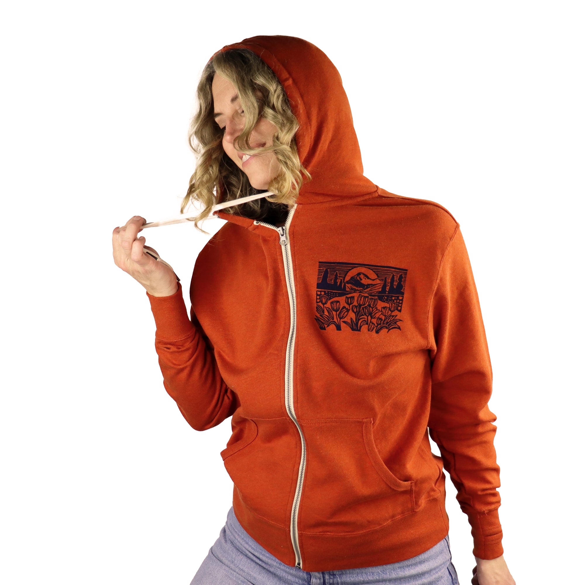 Mountain View Unisex Terry Zip Hoodie in Heather Orange