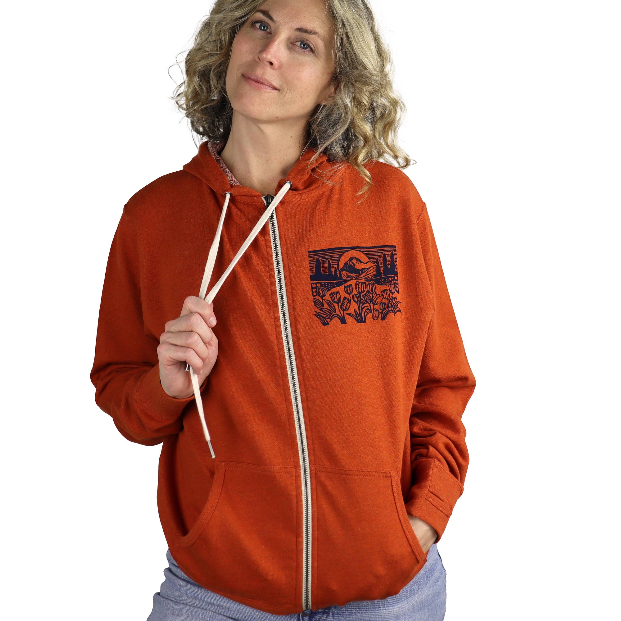 Mountain View Unisex Terry Zip Hoodie in Heather Orange