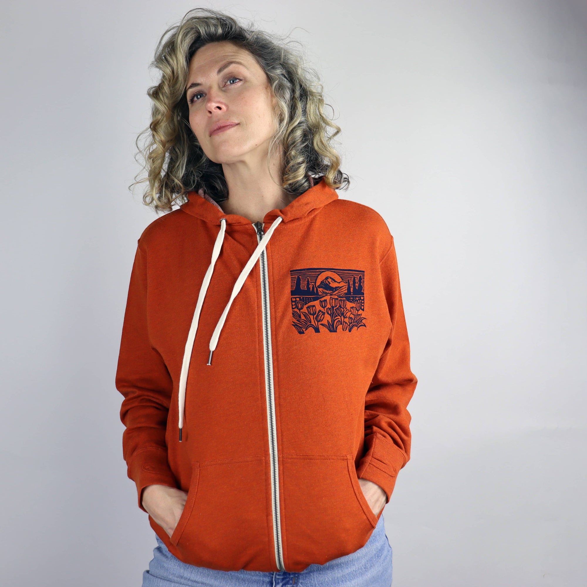 Mountain View Unisex Terry Zip Hoodie in Heather Orange