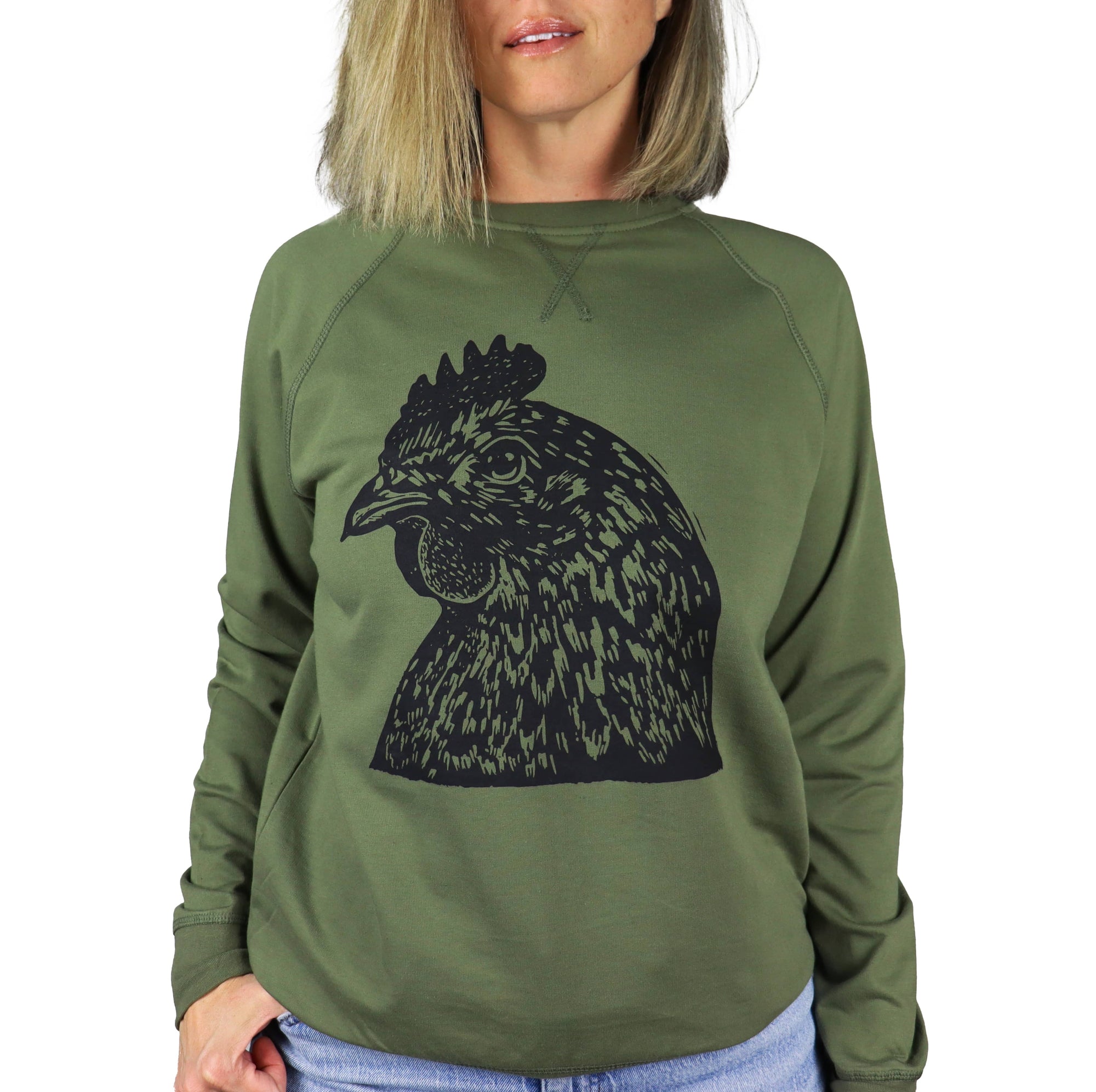 Pretty Chicken Unisex French Terry Crewneck in Olive