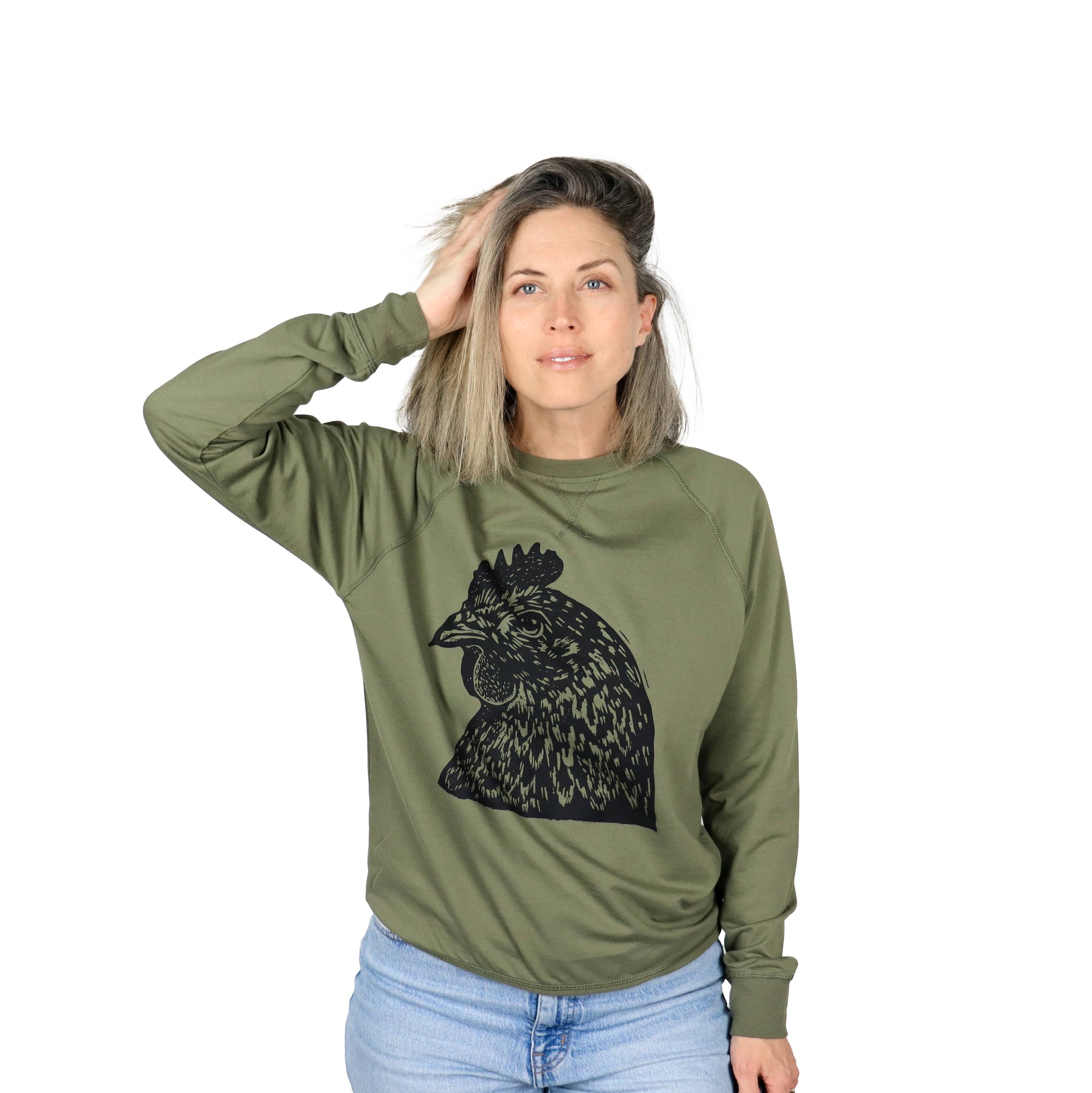 Pretty Chicken Unisex French Terry Crewneck in Olive