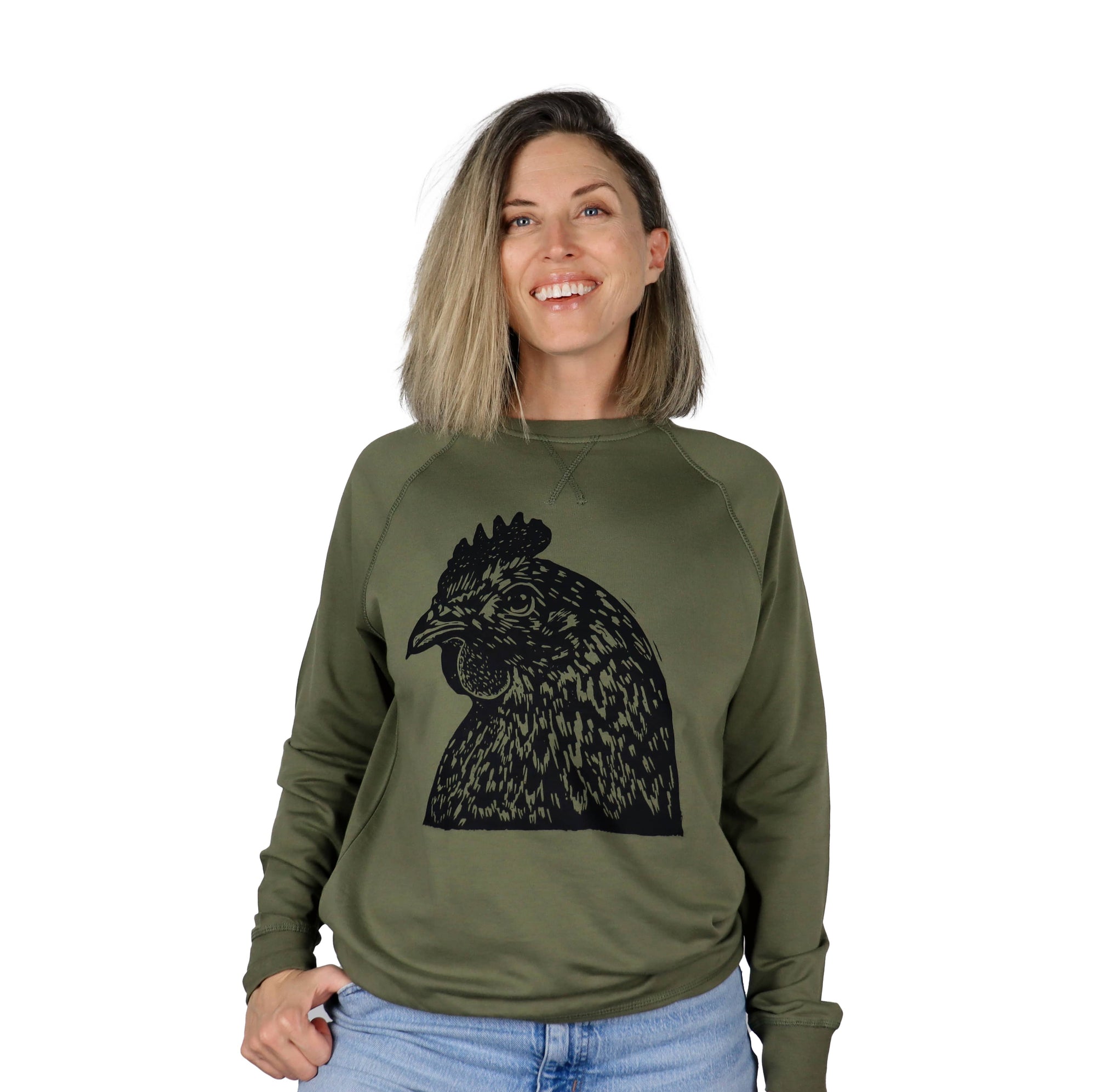 Pretty Chicken Unisex French Terry Crewneck in Olive