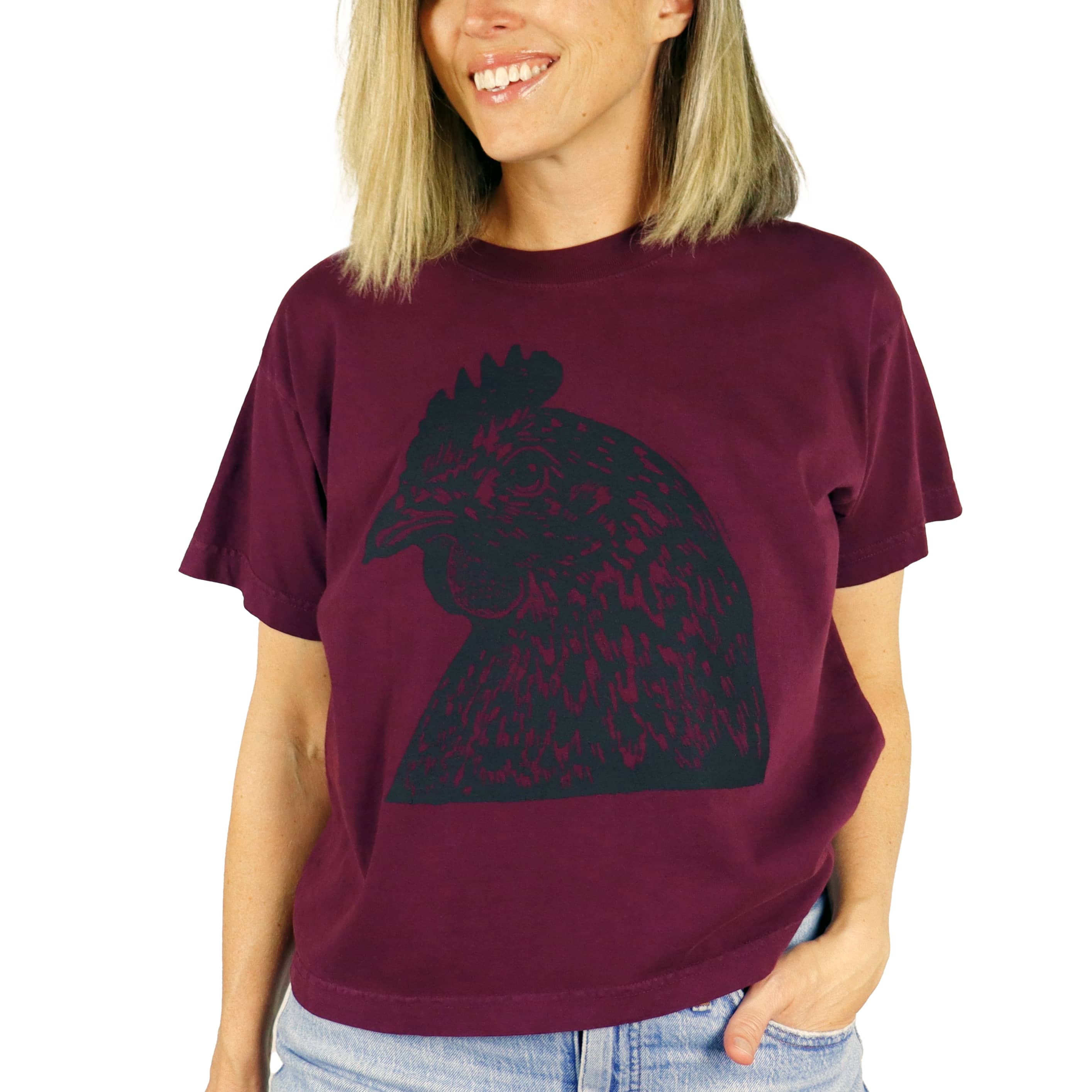 Pretty Chicken Garment Dye Feminine Cut Wide Tee in Port