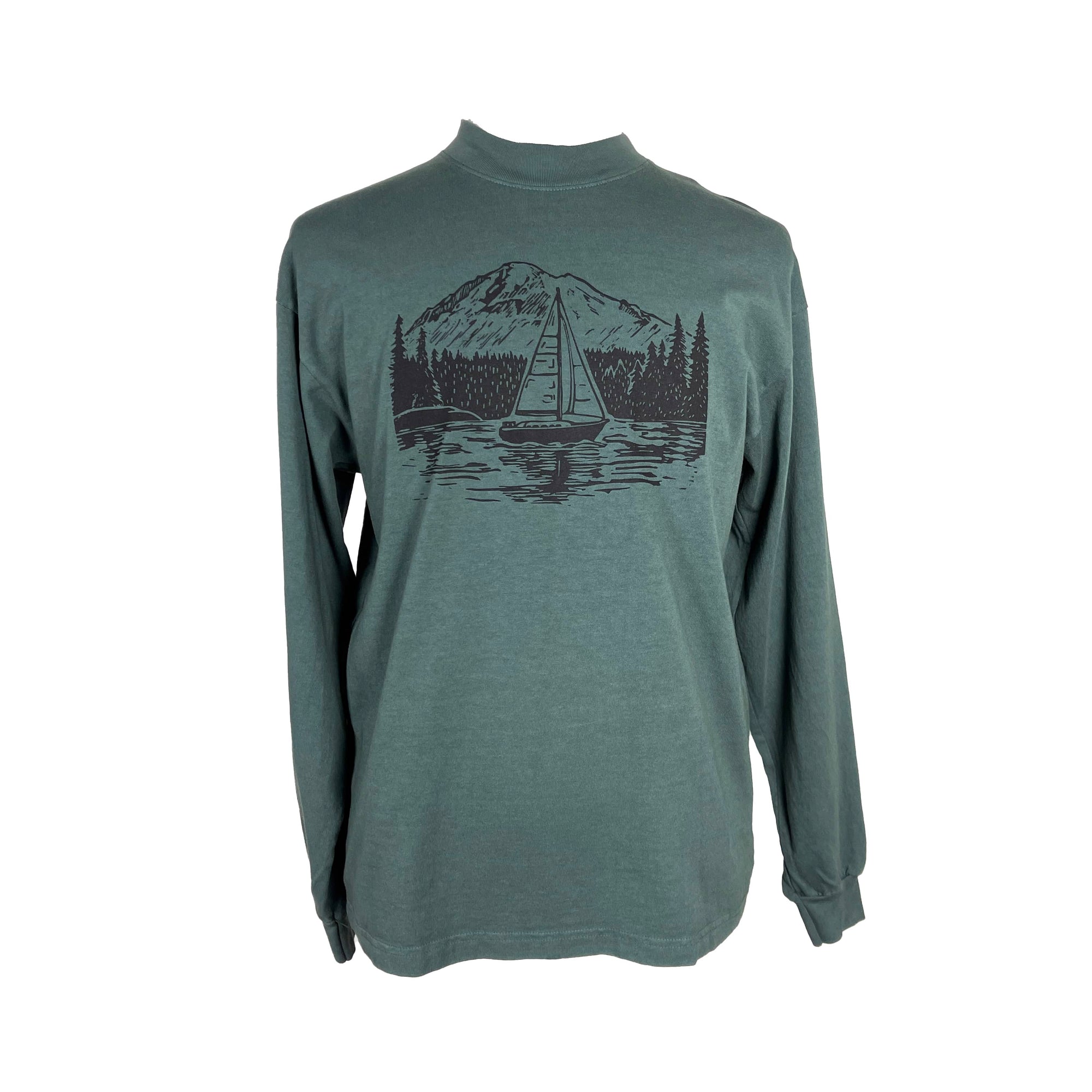 PNW Sailboat Unisex Mockneck Long Sleeve Tee in Spruce