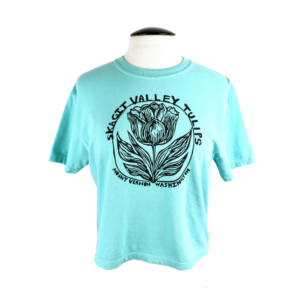 Skagit Valley Tulips Feminine Fit Cropped Tee in Bright Aqua