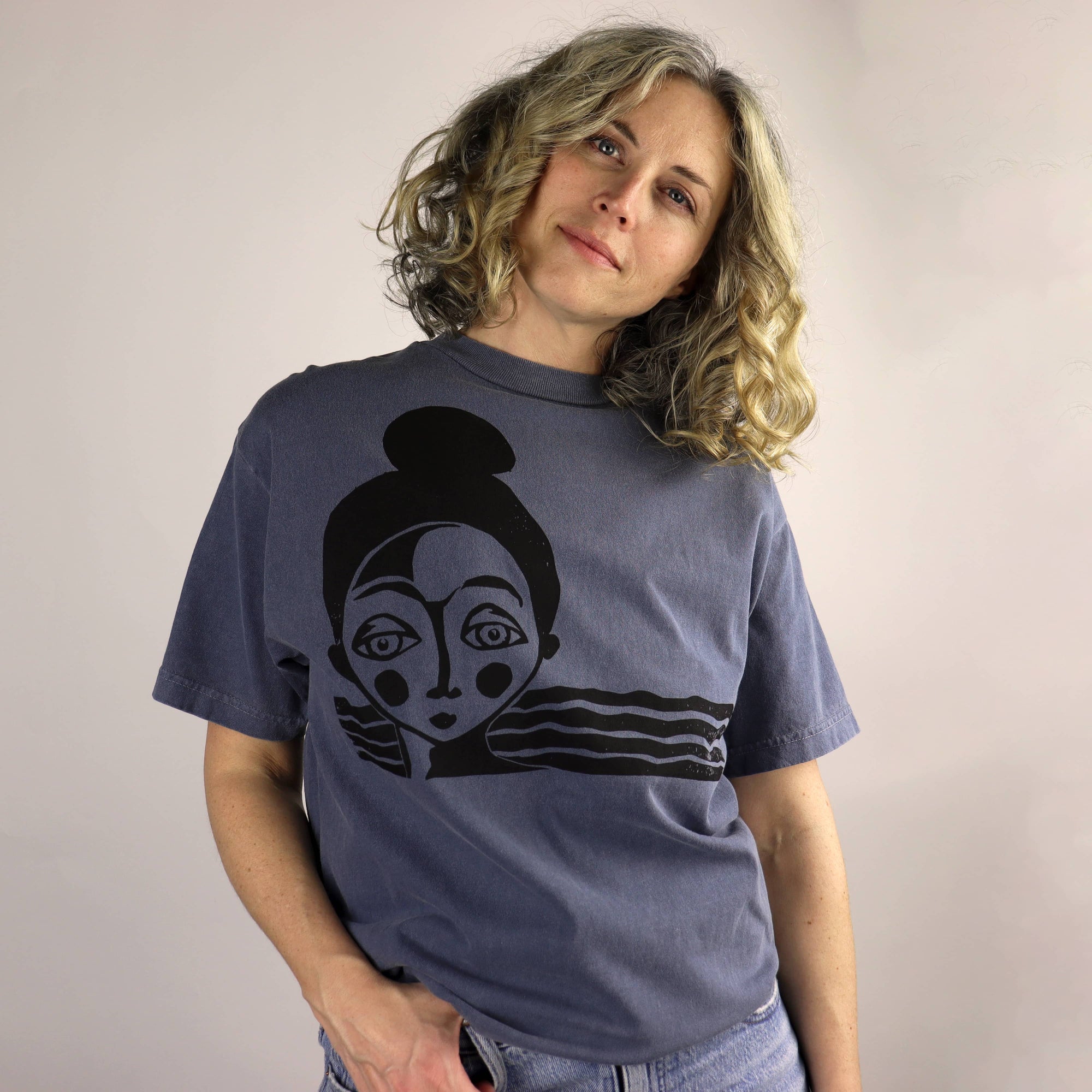 Topknot Pigment Dye Unisex Tee in Washed Navy